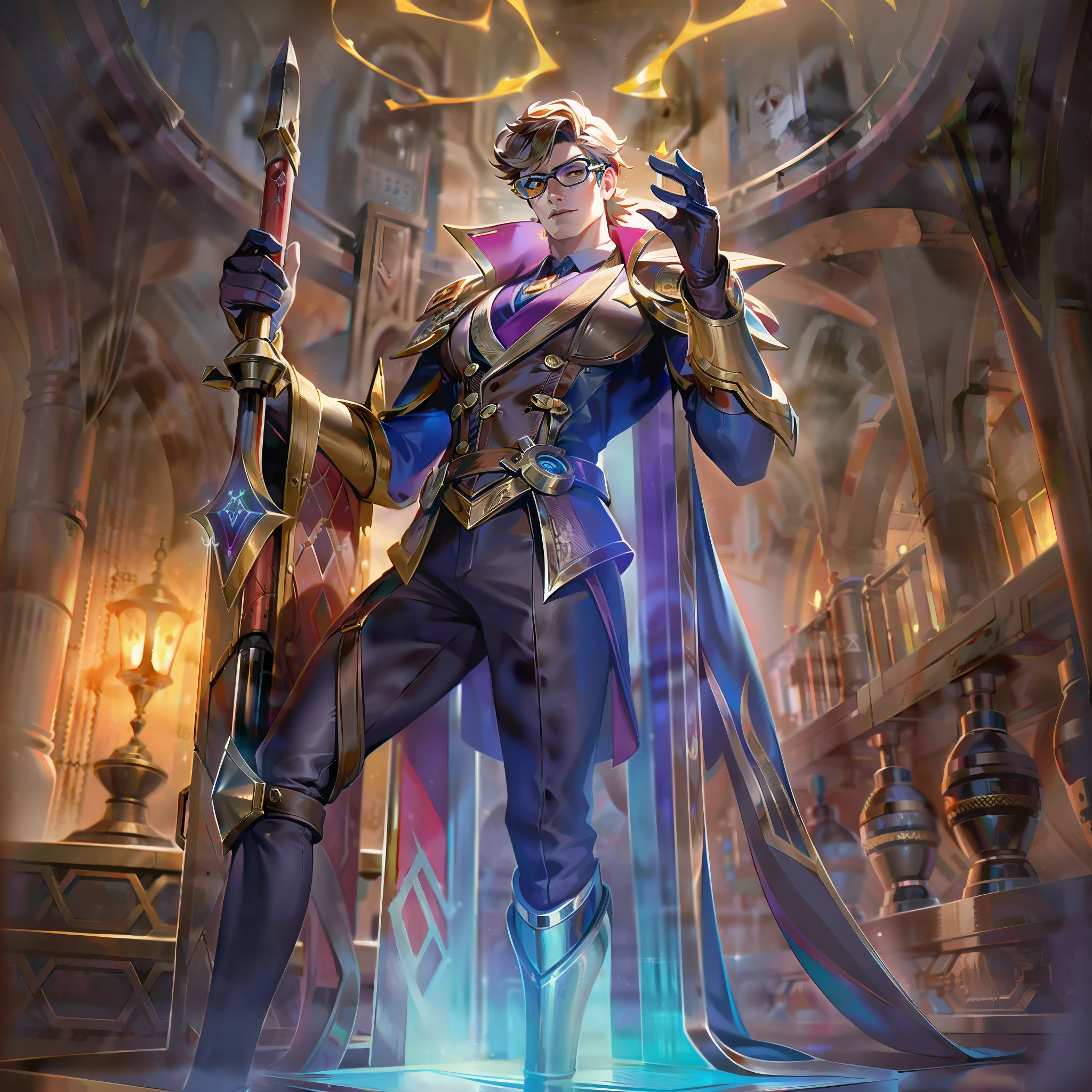 A arte splash base de "Scientific Prodigy Ignis" shows the young genius in all his scientific glory. Ignis is confident at the center of the artwork, wearing a steampunk lab coat adorned with intricate symbols and shiny stones. His costume symbolizes his mastery of the domain of science, insinuando o imenso poder que ele possui. Ignis' expression exudes intelligence and determination, reflecting his unwavering quest for steampunk knowledge and discovery. Your hair snaps with electric power, um testemunho do poder bruto que ele exerce e do potencial ilimitado dentro dele. Behind Ignis, A backdrop of advanced medieval equipment and steampunk machines sets the stage for your scientific experiments. Arcane formulas and symbols dance in the air, signifying your ability to manipulate the fundamental forces of the universe. A paleta de cores apresenta uma mistura de vibrante, Tons eletrizantes, creating a sense of energy and excitement around Ignis. The overall composition depicts a sense of innovation and wonder, as if the scientific prodigy was about to discover something groundbreaking.