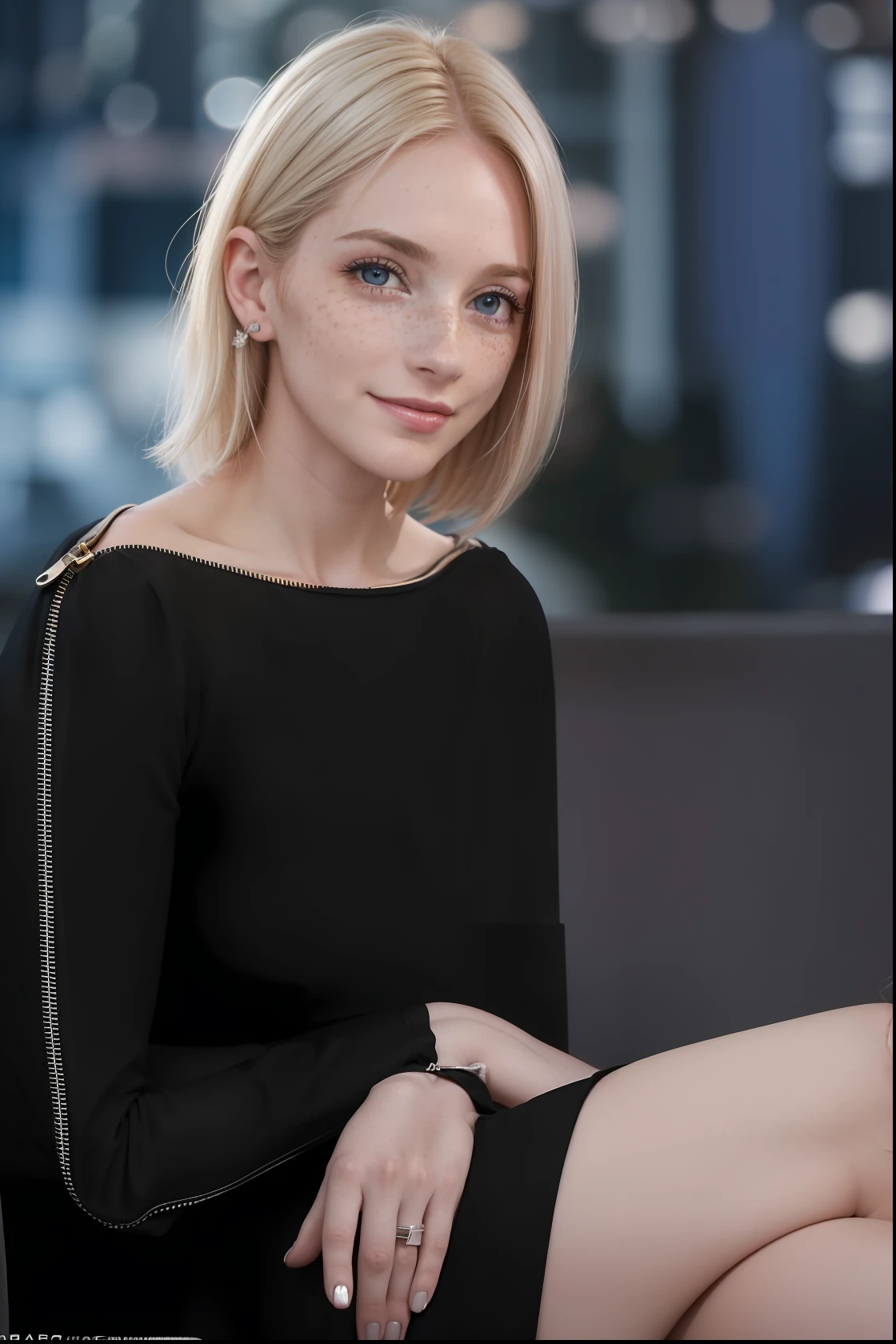 Rosto de uma mulher, americana, 30 anos, pale skin and freckles, olhos cinzas, nariz delicado, soft and delicate lips, cabelo blondie cinza, ultrarrealista HD fotorrealista altamente renderizado sorriso cativante