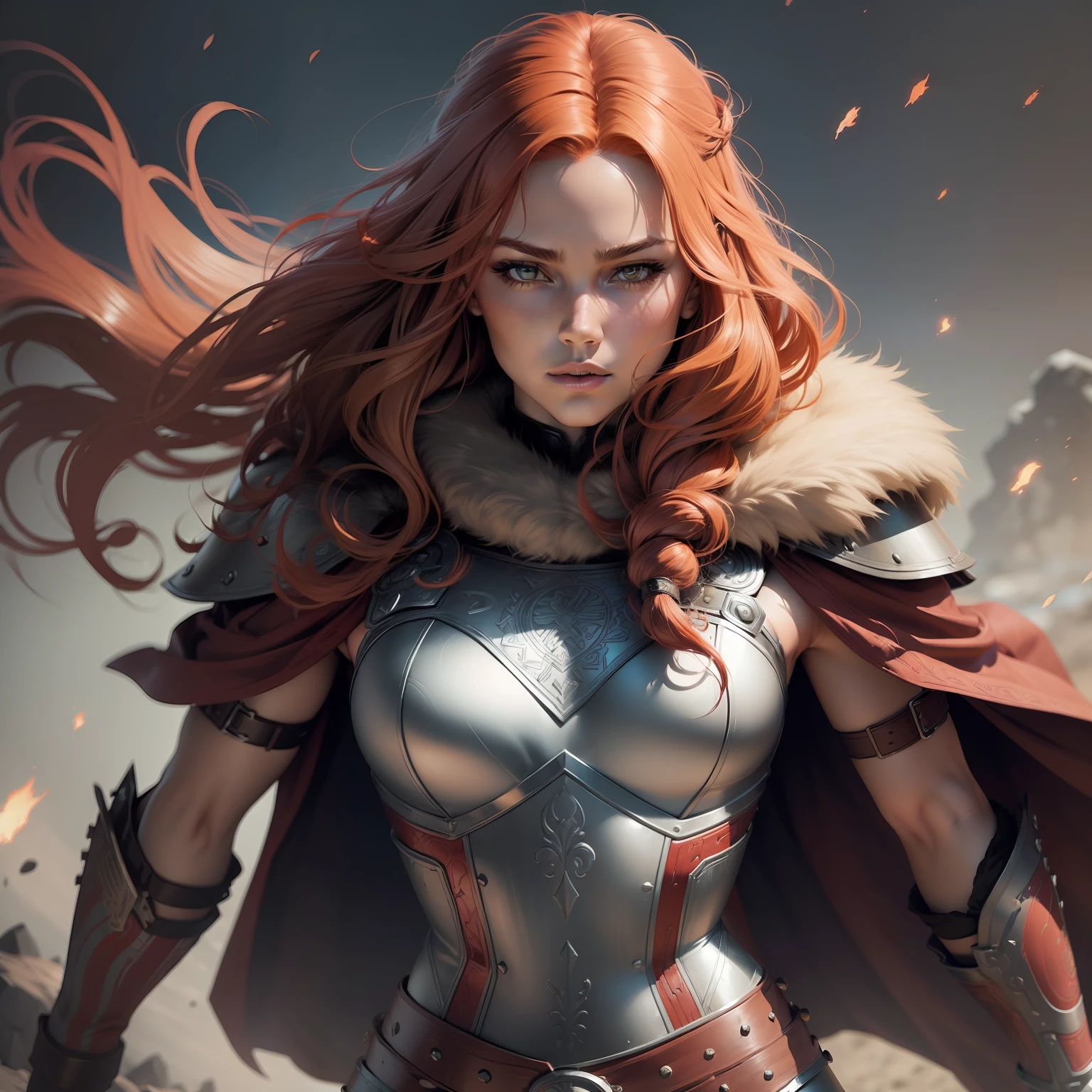 (comic style:1.5), (line art:1.35), ((full torso)), beautiful woman, viking warrior, fur cloak, armor, very light red hair wavy hair, (solo), realistic, depth of field, dynamic pose, highest quality, (realistic:0.6)