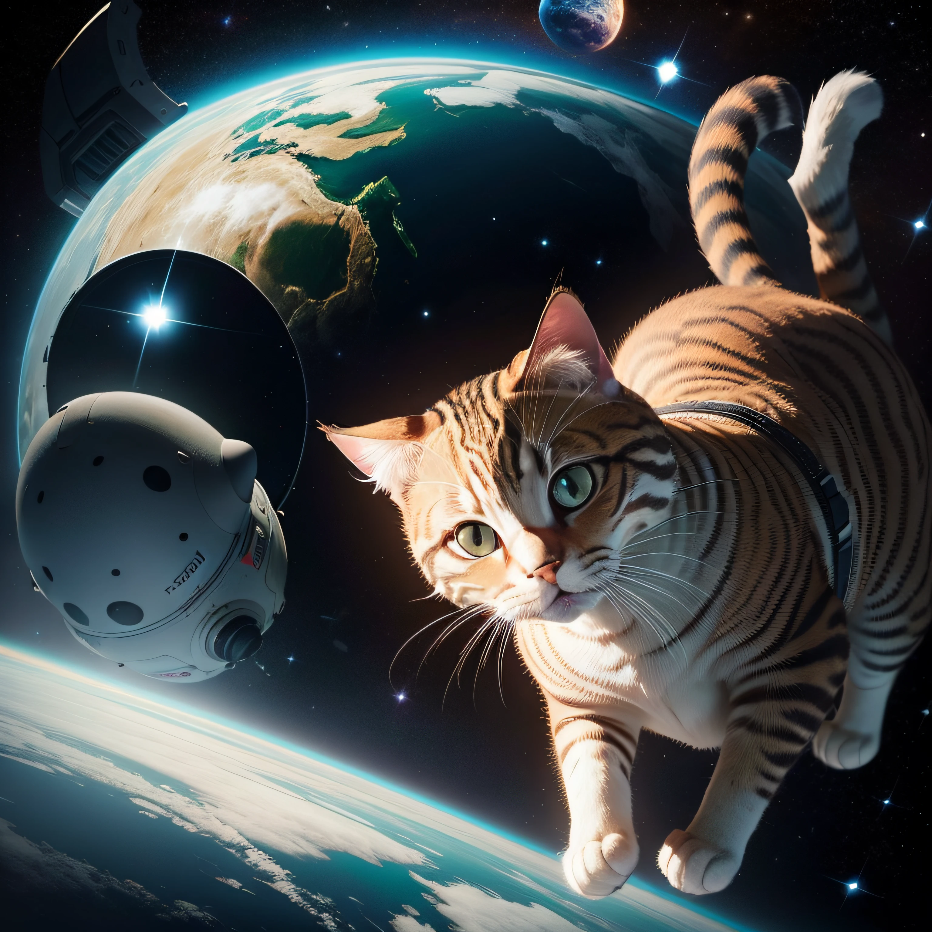 gato fofo astronauta, in the space, surreal