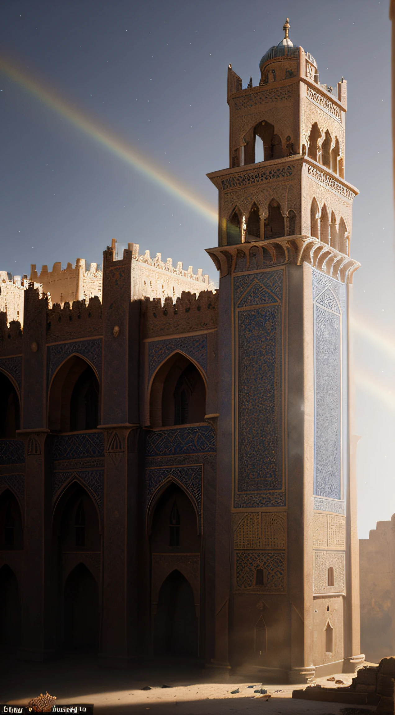 close up depiction of a medieval fantasy north african traditional royal tower, exterior, rich, elaborate, (backlighting), realistic, masterpiece, highest quality, lens flare, shade, bloom, [[chromatic aberration]], by Jeremy Lipking, by Antonio J. Manzanedo, digital painting