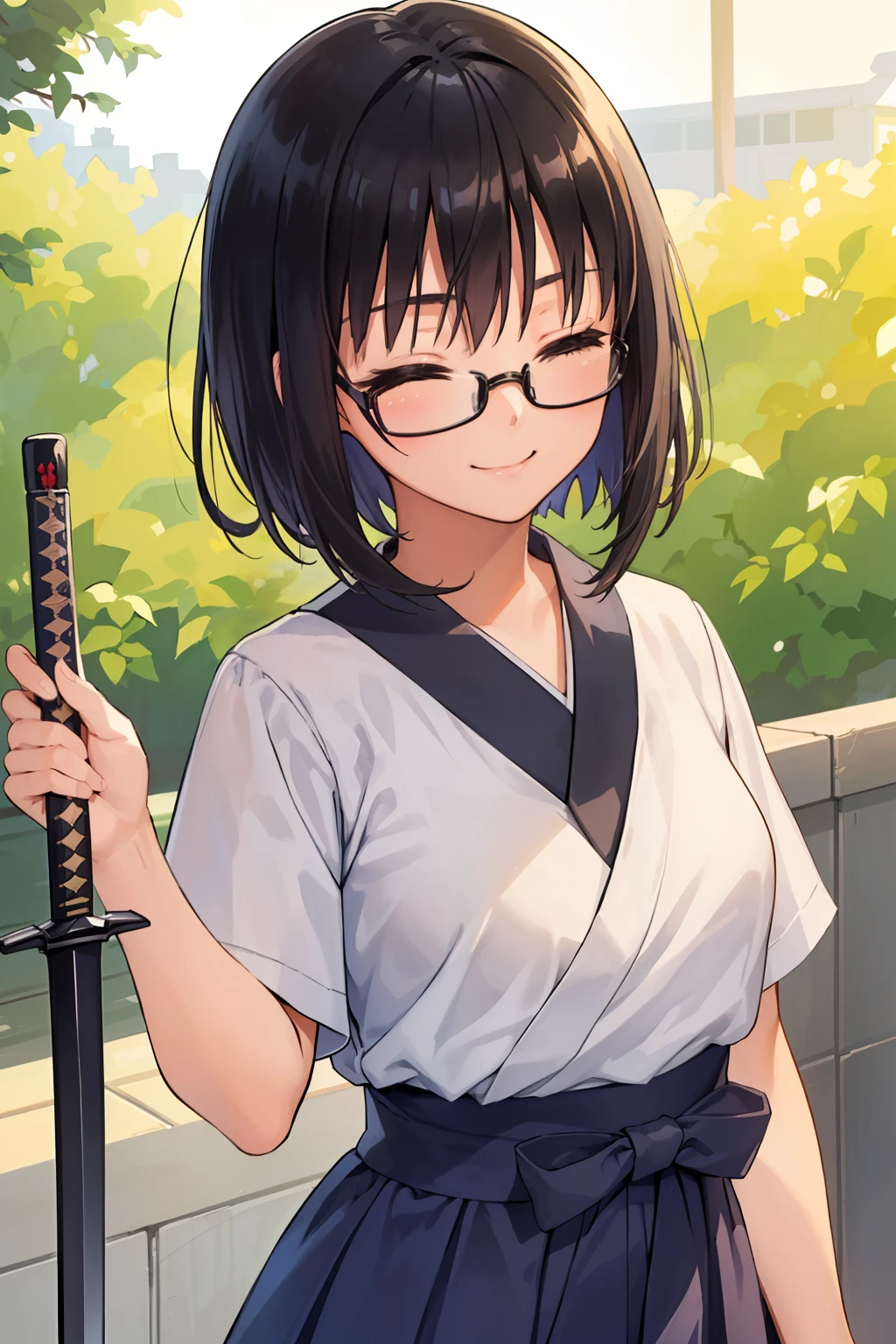(1 Junior High School Girl、A dark-haired、short-hair、straight haired、hair adornments、eye closed、A smile、Black glasses、small tits、cute face)、masterpiece、top-quality、hakama、白襦袢、Obi sword、Sword extraction
