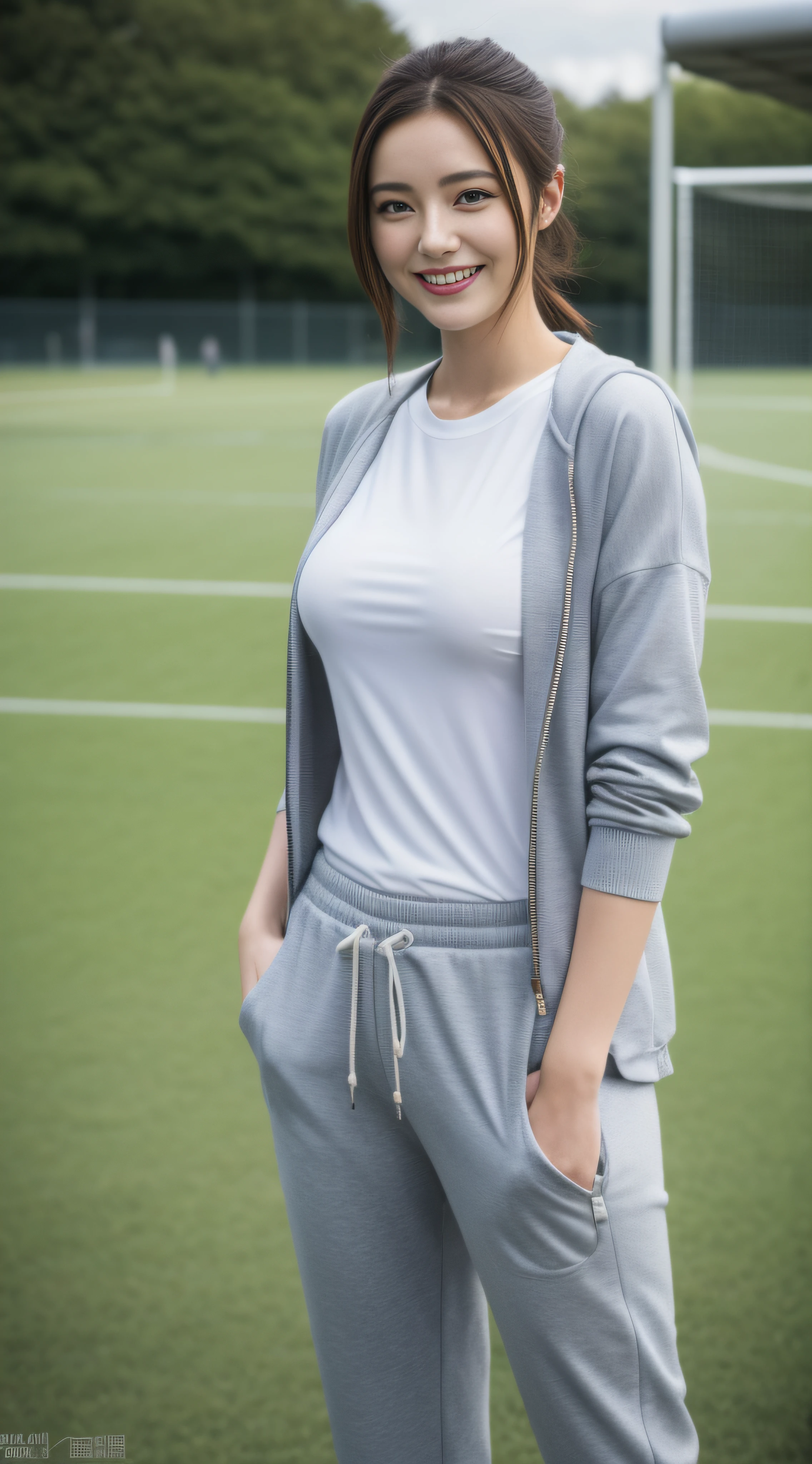 (8K、Raw photography、top-quality、masterpiece:1.2)、(realisitic、realisitic:1.37)、超A high resolution、photon maping、Physically Based Rendering、1girl in、(brunette:1.3)、Twin-tailed、A detailed face、A detailed eye、is standing、Look at viewers、(little smile cute:1.2)、(Happiness)、Healing cute、(Soccer Field:1.2)、(early evening:1.2)、sweat pant、Open Sports Jacket、white t-shirts、huge tit