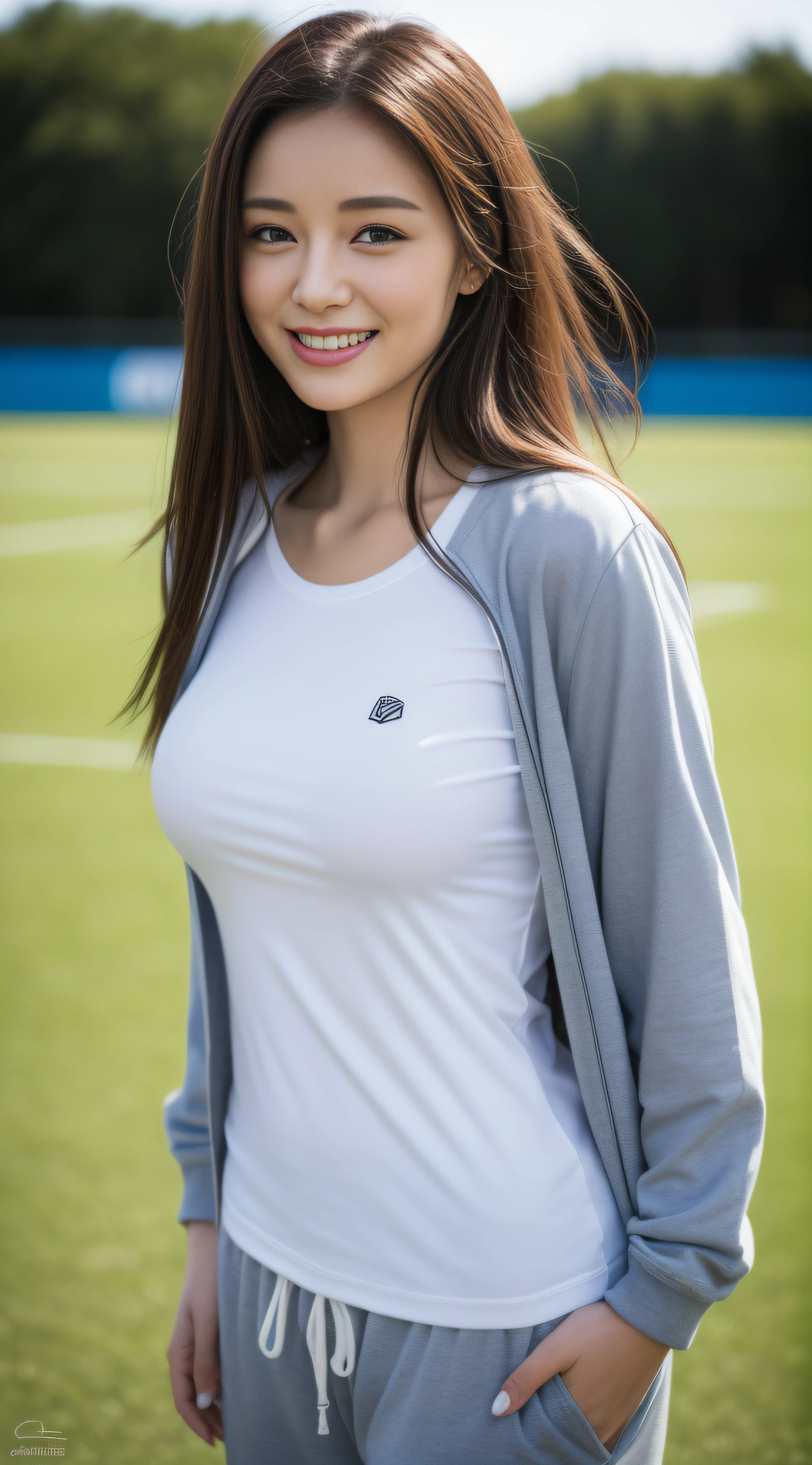 (8K、Raw photography、top-quality、masterpiece:1.2)、(realisitic、realisitic:1.37)、超A high resolution、photon maping、Physically Based Rendering、1girl in、(brunette:1.3)、Twin-tailed、A detailed face、A detailed eye、is standing、Look at viewers、(little smile cute:1.2)、(Happiness)、Healing cute、(Soccer Field:1.2)、(early evening:1.2)、sweat pant、Open Sports Jacket、white t-shirts、huge tit