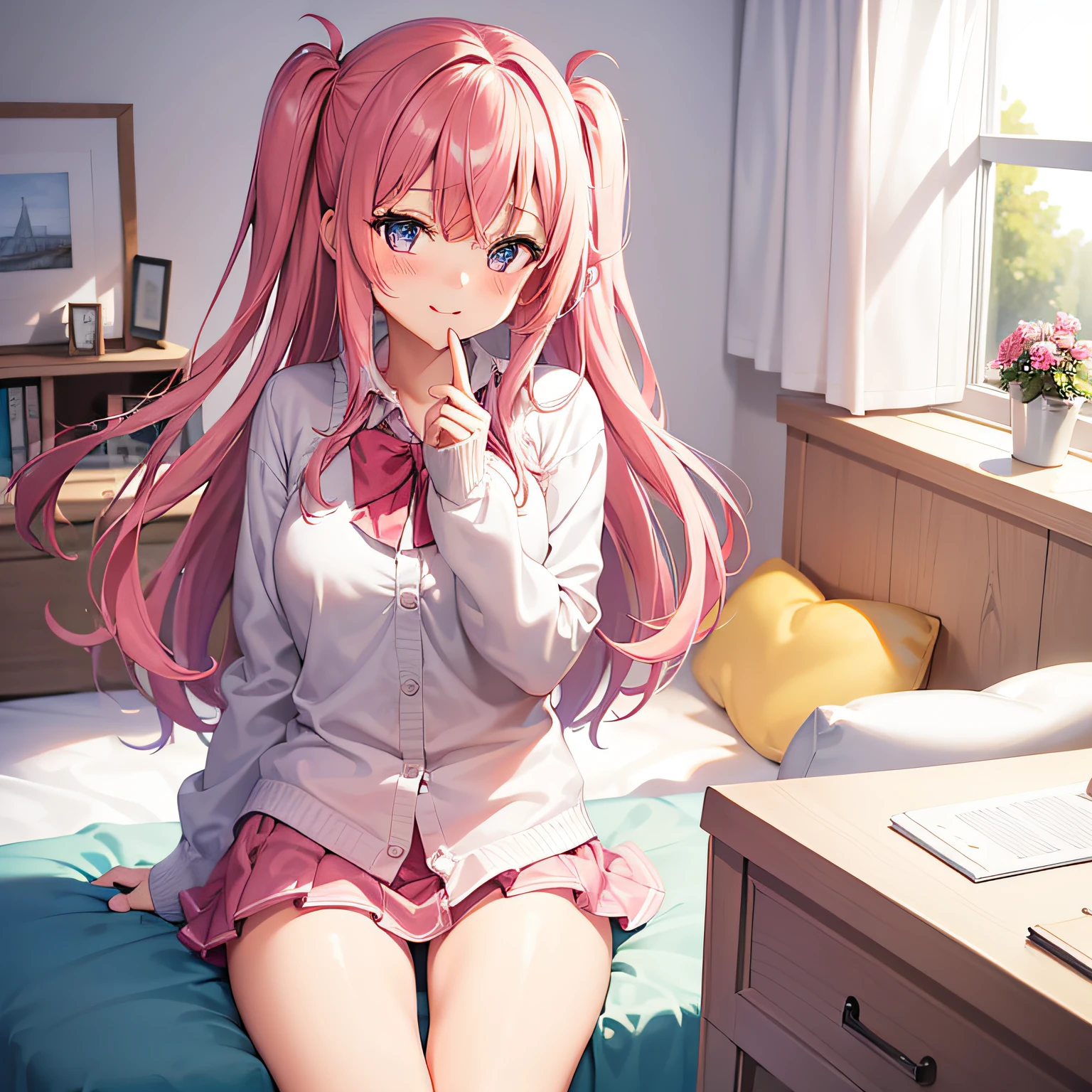beautiful illustration, best quality, cute girl, bedroom, pink hair, happy, miniskirt, white blouse, two side up