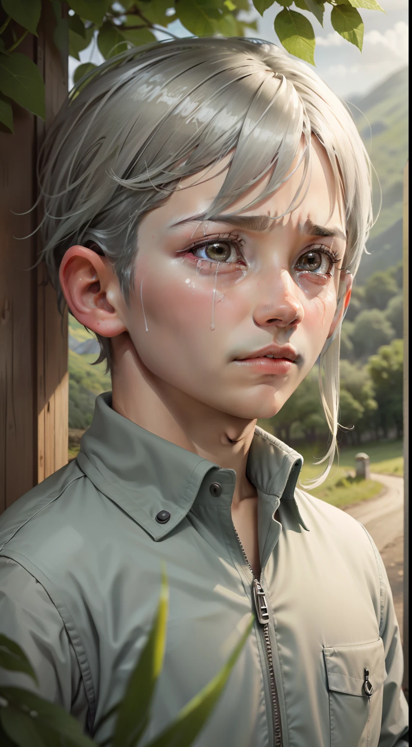 Silver-haired boy grey eyes sad and crying in the countryside green mountains