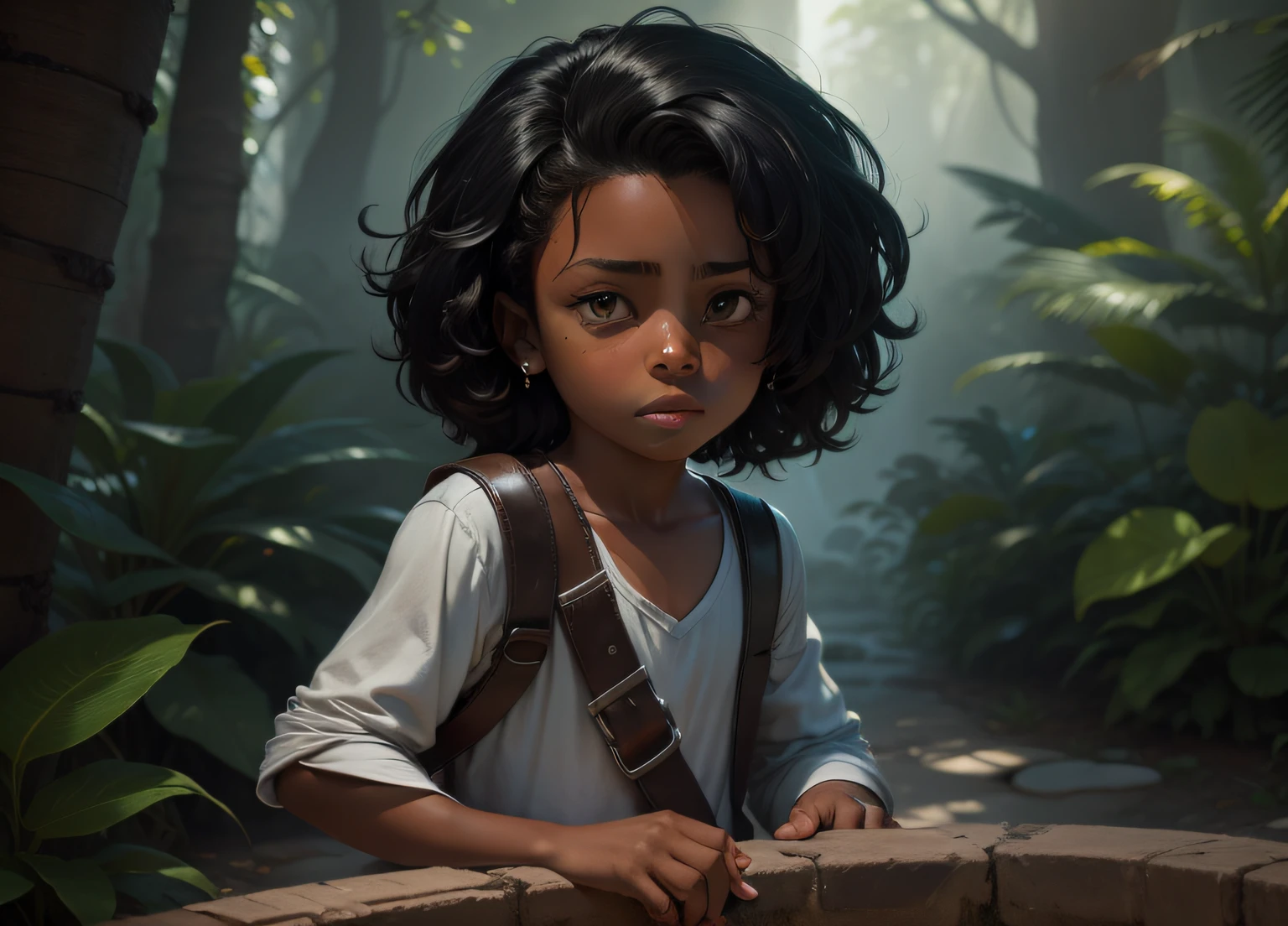 um de oito anos de idade com pele negra, cabelo curto, olhos pretos, usando roupas de aventureiro, estilo disney