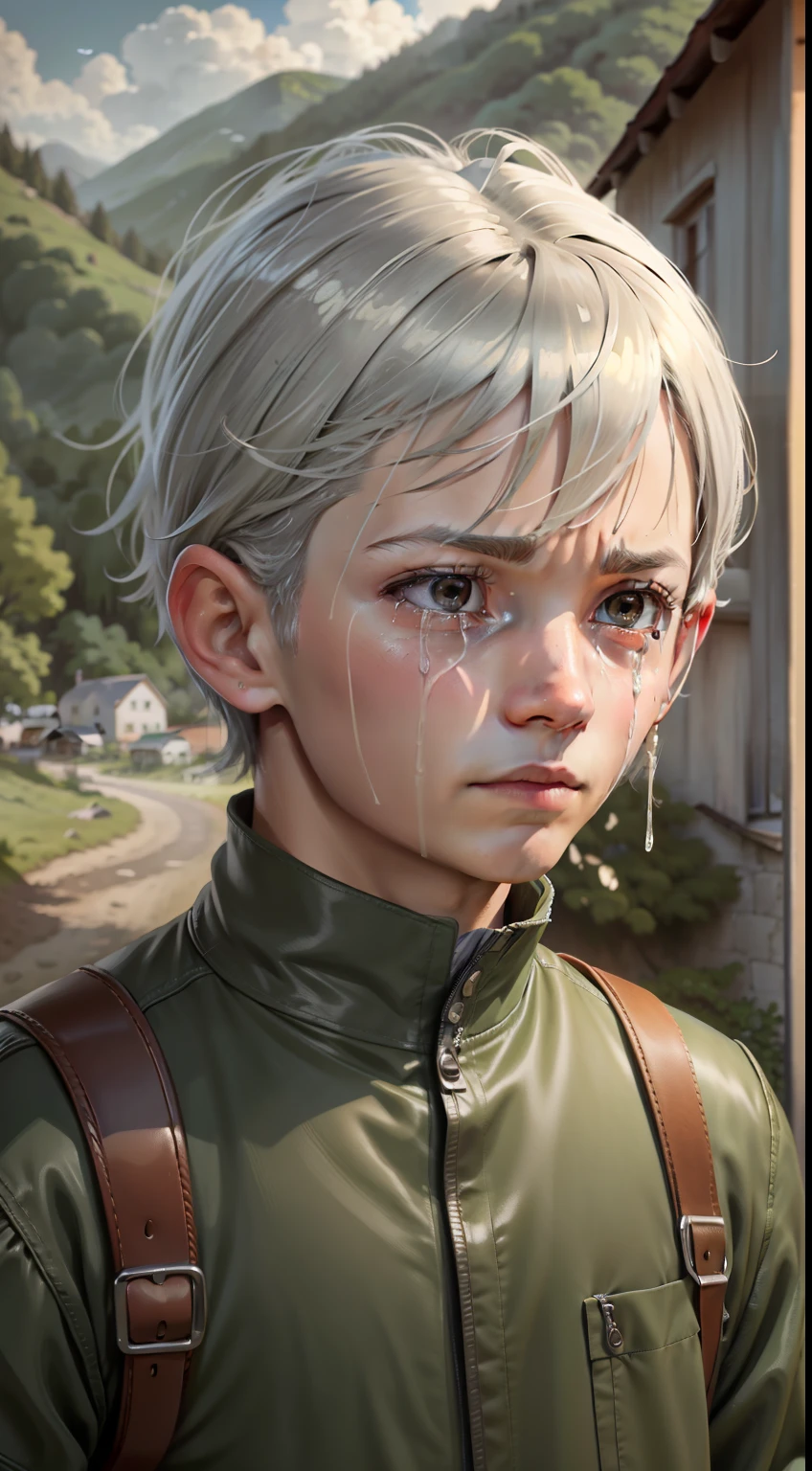 Silver-haired boy grey eyes sad and crying in the countryside green mountains