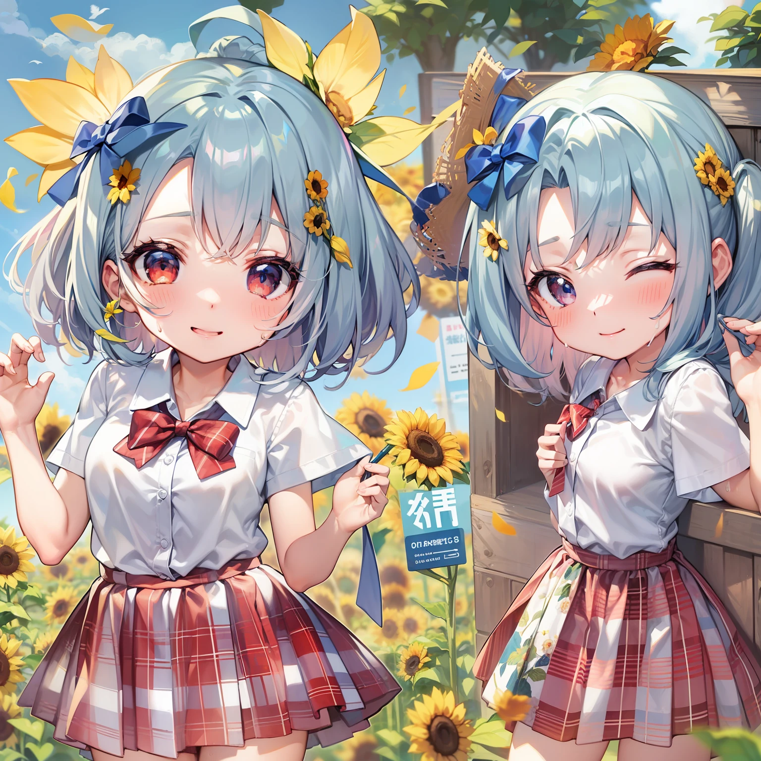 Aoi_Fukayuki、1 girl in、anime styled、full bodyesbian、Mass sweat、(blue hairs)、short hair to the shoulders、a smile、Close one eye、blue eyess、wearing straw hat、Fan、(Plain white shirt)、(red bowtie)、(Red checked skirt)、(knee high)、Absolute area、hightquality、best qualtiy、emphasizing thighs、to stand、Sunflower field background、
