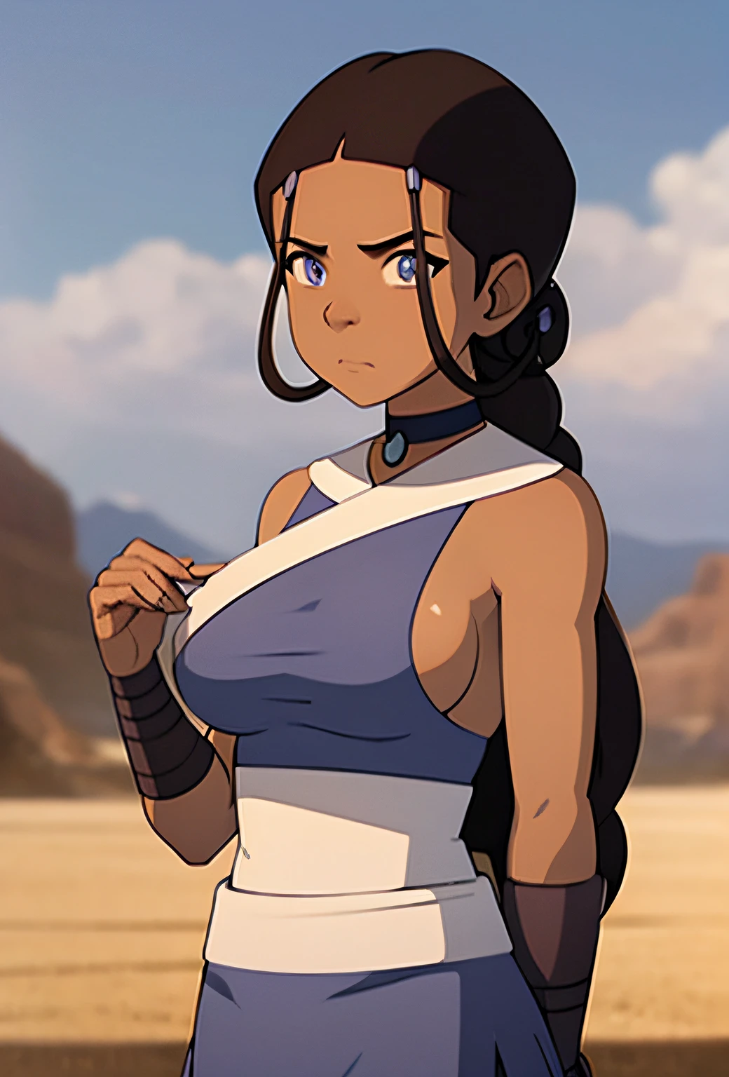 masterpiece, best quality, 1girl, katara, toned, dark skin, jewelry, looking at viewer, upper body, sunshine, sky, cloud, (blue eyes:0.6), fancy, sexy, cute, yandere, medium breast, long hair, mommy, big boobs