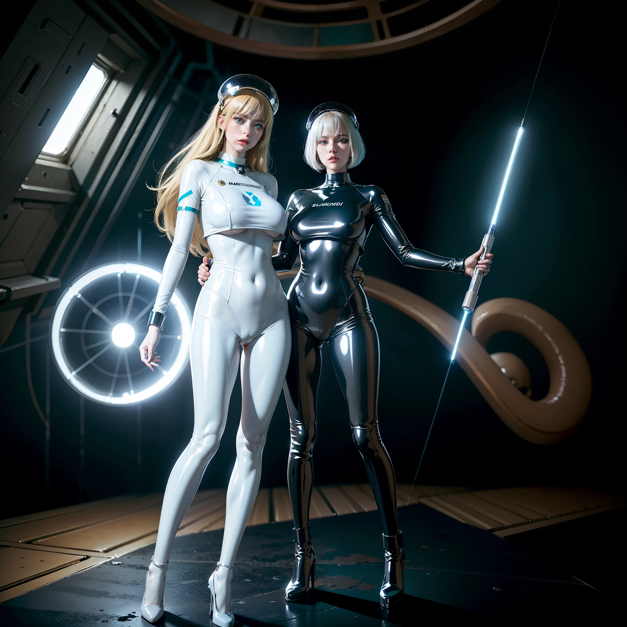 1 girl, sexy astronaut, shiny latex transparent suit, cameltoe, whith space helmet, ((seminude big boobs)), beautiful detalied nipples, (perfect ass) ((perfect body proportions)), beautiful detalied face, big aqua blue eyes, shinny platinum blonde hair, ((shiny skin)), whith one laser gun, high lighting, high full color, on a dark spaceship tunel,in a cavern of the planet terror, ((best quality)), ((masterpiece)), (high-resolution:1.2), ((best quality)), ((masterpiece)), (high-resolution:1.2)