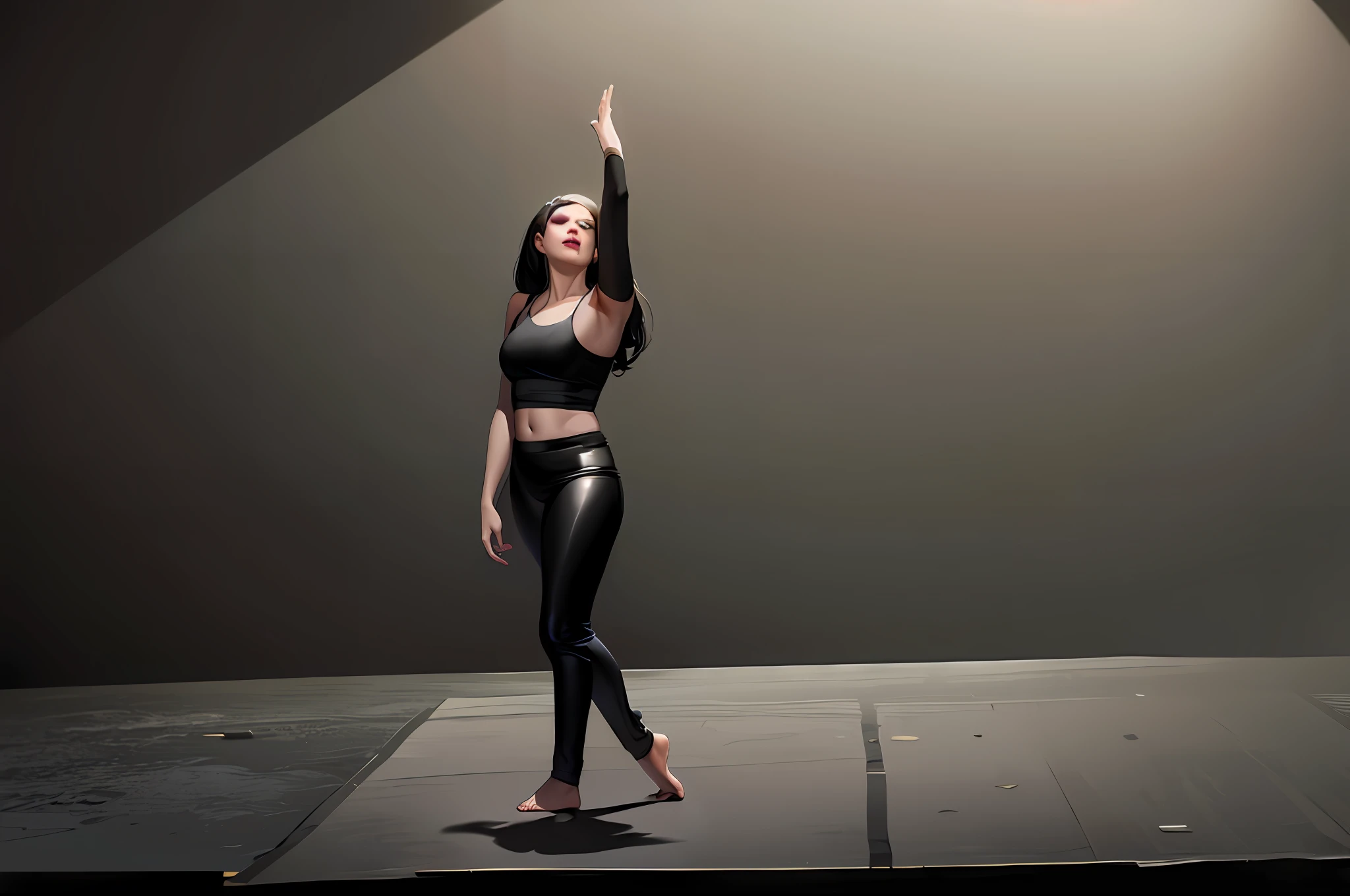 Woman in black top and black pants standing on stage, contemporary dance, female dancer, contemporary dance poses, comprimento de corpo inteiro, dancer, Apresentando-se no palco, as though she is dancing, dynamic dance photography, Directed by: Eva Gonzalès, Pose de corpo inteiro, Coreografada, fotografia de performance de ballet, Pose completa, Pose tensa, by Amelia Peláez