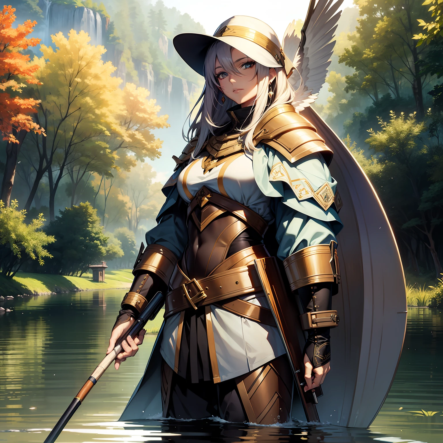 tristan_fate, archer, in a lake, tocando arpa, vestindo armadura branca, looking at viewer, 4k,