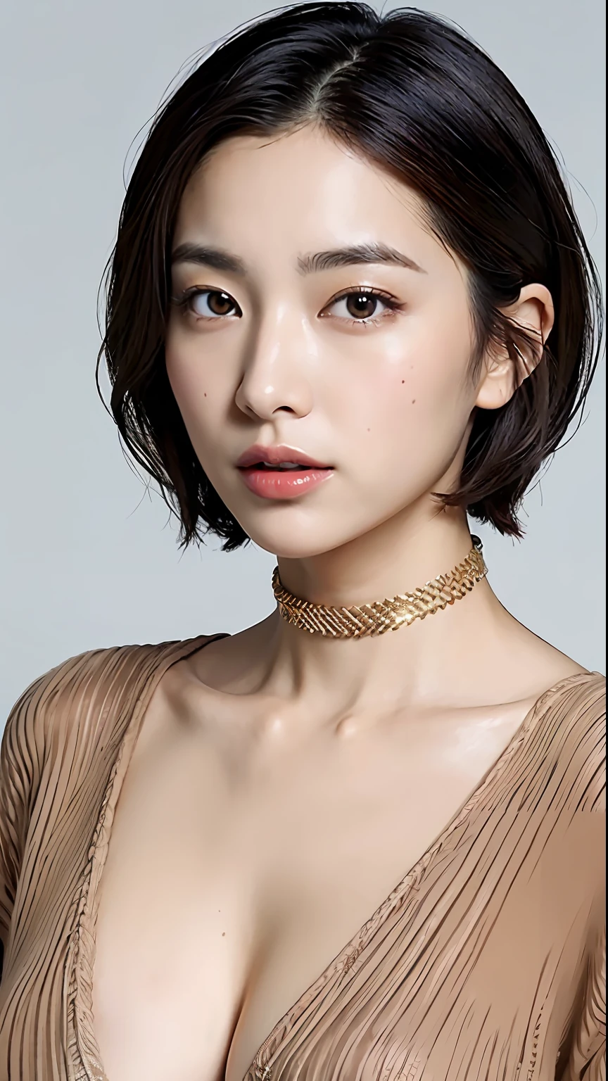 (best qualtiy，8k，32k，tmasterpiece，UHD：1.2)，Beautiful Japanese woman in the photo，big cleavage breasts，Very short Bob hair，The upper part of the body，sface focus，oversized_sweater，choker necklace，simple backgound，from the above，looking at viewert，Clothing perspective。