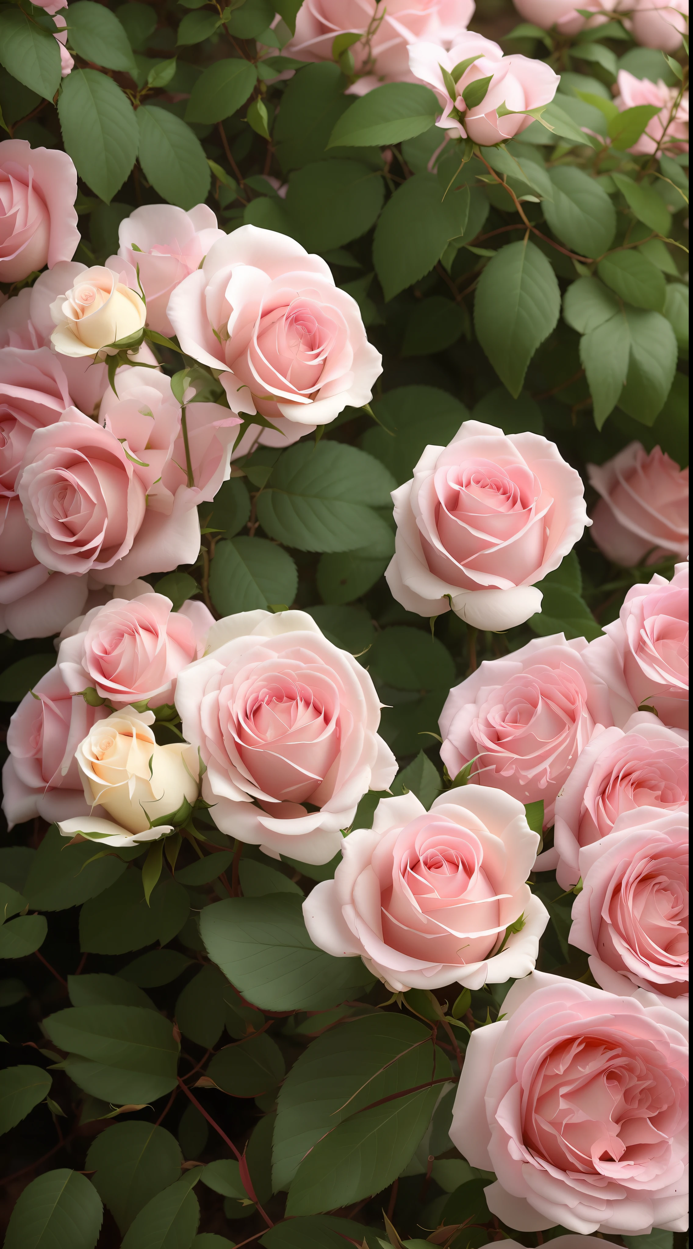 There are many pink and white roses in the leafy bushes, rose-brambles, Rozen Maiden, rosa bonheurn, rosette, rose twining, Incredibly beautiful, pink rosa, a few roses, light pink tonalities, rosses, beautiful aesthetic, anna nikonova, stunningly beautiful, Pink big breasts, Rose, beautifully, decorative roses, Just beautiful
