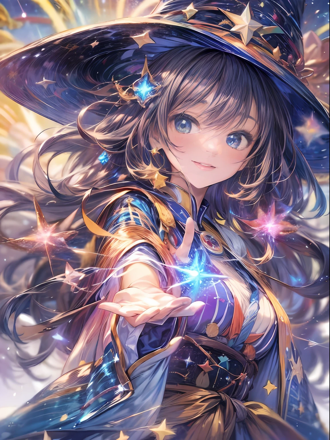 8K、Illustration of a wizard in a starry night drawn in ultra-high definition detail。The subject is１In the wizard of man、A large number of fireworks illuminate the starry sky。She has magical powers、Surrounded by glowing fireworks。Hair shines like stars、The inner color shines like colorful fireworks。

The background is a beautiful starry night sky、It creates a wizard's strength and mysterious atmosphere.。big crowd々Depicts a scene enjoying a starry night、There is a lively atmosphere in the air。

Pose with grace as a wizard、Holding a magic wand in both hands、Preparing to unleash magic。Her wielding magical powers on a starry night is beautifully depicted.。

The costume is dressed like a wizard.、It expresses an enigmatic charm worthy of the magic of a starry night。By making the inner color shine colorfully、It expresses her magical powers and charm。

His expression is a smile full of confidence and elegance.、Enjoying a starry night full of magical powers。Her eyes are filled with a magical glow.、You can feel your strength as a wizard.。

The composition is centered on the subject.、The beauty of the starry night and fireworks dominates the entire illustration。It depicts a fantastic world in which the graceful figure of the wizard and the brilliance of magic are integrated.。

The lighting is fireworks and the glow of a starry night illuminate the entire illustration.、Highlights the charm of the wizard。

The colors are the brilliance of fireworks and the mysterious colors of the starry night.、The colorful glow of the wizard's costume and hair is beautifully represented。The inner color also shines colorfully.。

Effects depict fireworks and the glow of magical powers、The charm and mystical powers of wizards stand out even more。

The background effect is a fantastic scene of a starry night and the dynamism of lively fireworks.、The power of the wizard and the mystical charm of the starry night are emphasized。