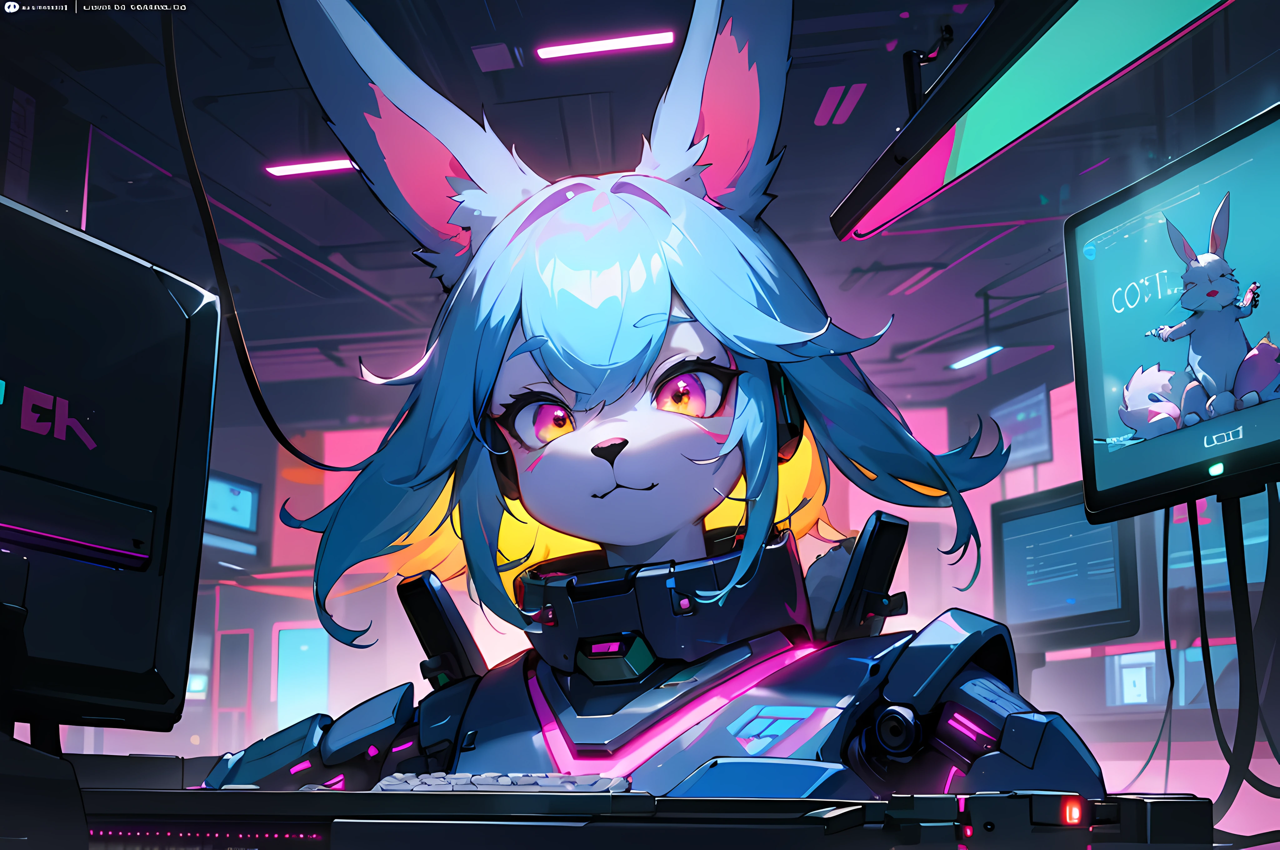 (blame! style abandoned tech landscape), (Zen, Amy Sol style), (((beats to relax/study to))), (((Lofi anthro kemono blue-furred rabbit girl in power armor sitting in metal chair behind computer terminal, behind giant glass terminal screen, beats to relax/study to))), (((blue kemono beastars furry rabbit anime hacker with small soft furry paws))), (((suspended glass cyberpunk computer terminals with robot rabbit in background))), ((glowing cyberdeck screens)), (underground, dark, foggy, perilous, abandoned dystopian apartment bedroom, deep windows), (abstract anthro rabbit figure wearing bunny ears), cover art with light abstraction, abstract, simple vector art, contemporary Cybernetic art, color gradients, soft color palettes, layered forms, whimsical animation, style Ethereal abstract, 4K, --v6
