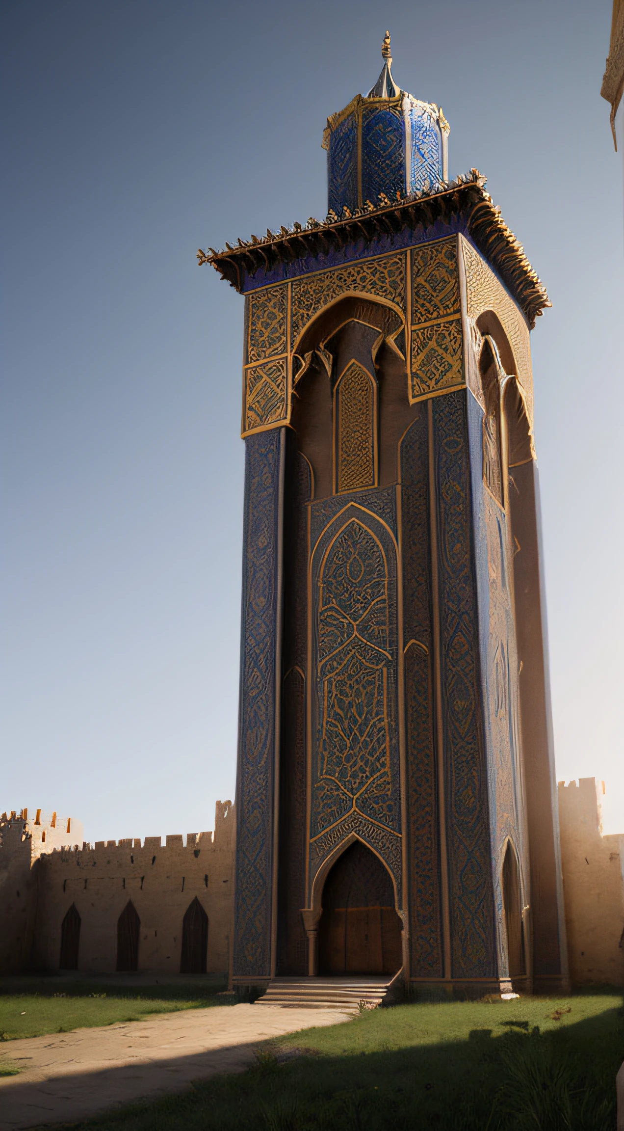 close up depiction of a medieval fantasy north african traditional royal tower, exterior, rich, elaborate, (backlighting), realistic, masterpiece, highest quality, lens flare, shade, bloom, [[chromatic aberration]], by Jeremy Lipking, by Antonio J. Manzanedo, digital painting