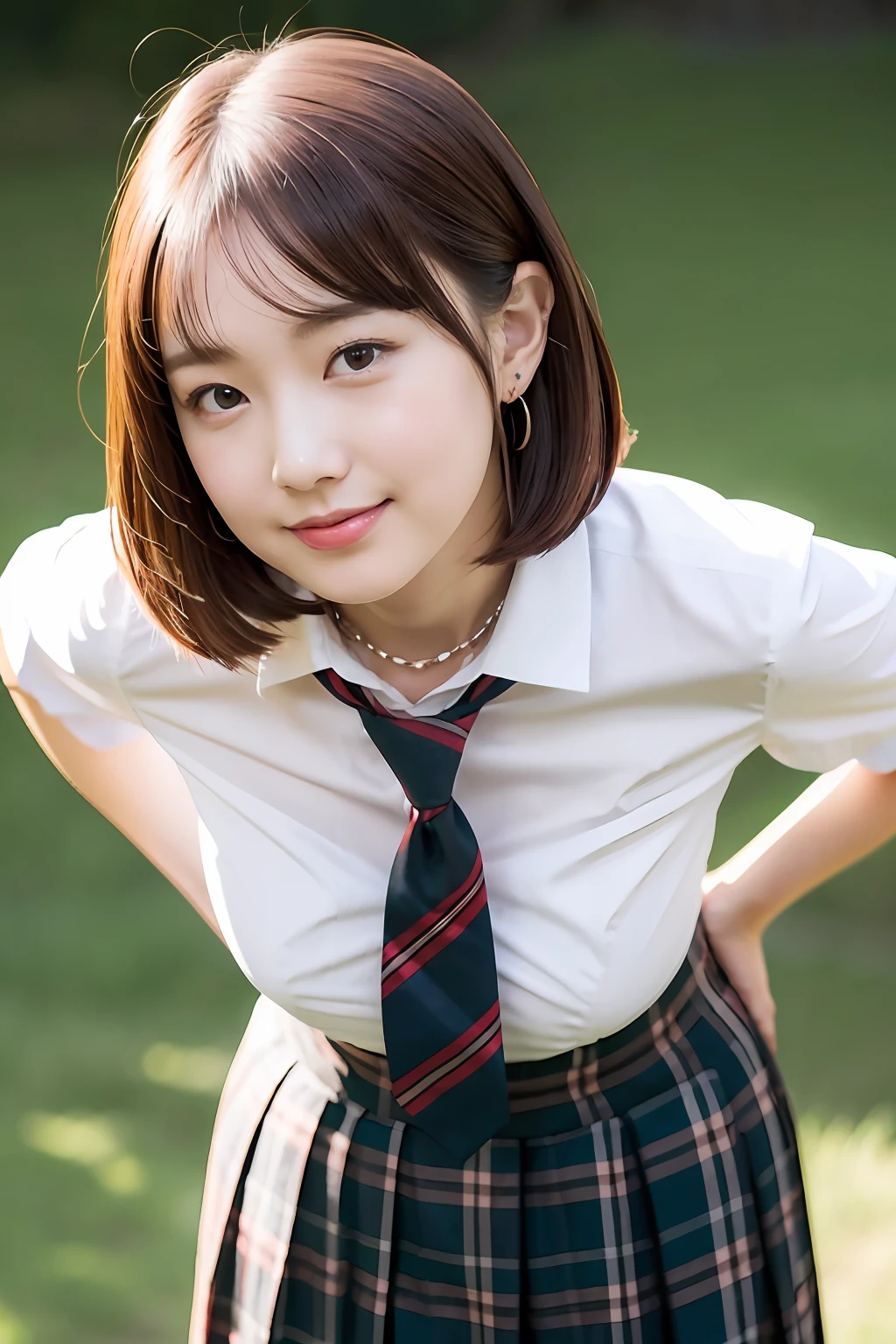 女の子1人、Blushing cheeks、shyly smile、optic、Female School Uniform、large full breasts、White open shirt sticking to the chest、Tartan checked skirt、florals、hair pin、a necklace、piercings、Leaning forward、from below looking up、depth of fields、pointed red mouth、Glossy reddish-brown shorthair、Black eyes、鎖骨、Beautiful fingers、Hourglass body、portrait of a full body、Hurry up and loosen your tie、Staring at the viewer while removing his tie、
