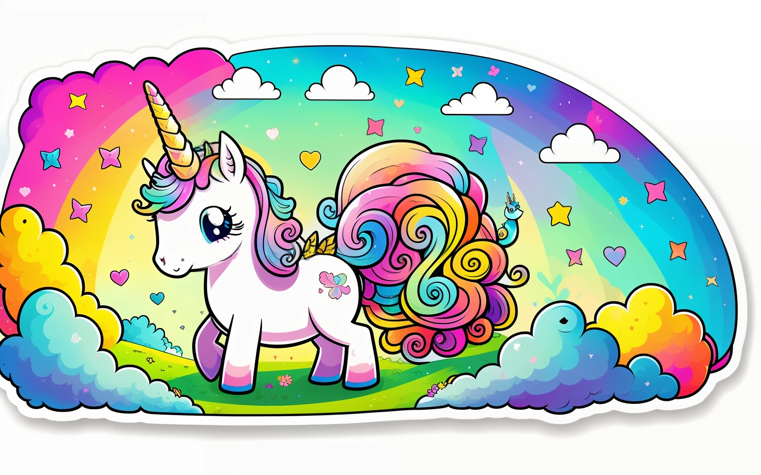 Arte vectorial de un lindo y feliz unicornio kawaii solitario rodeado de donas y flores, retraro fantastico, Destellos, colorido, warm, chozas de hadas, libro para colorear, for children, minimal, 1 sticker