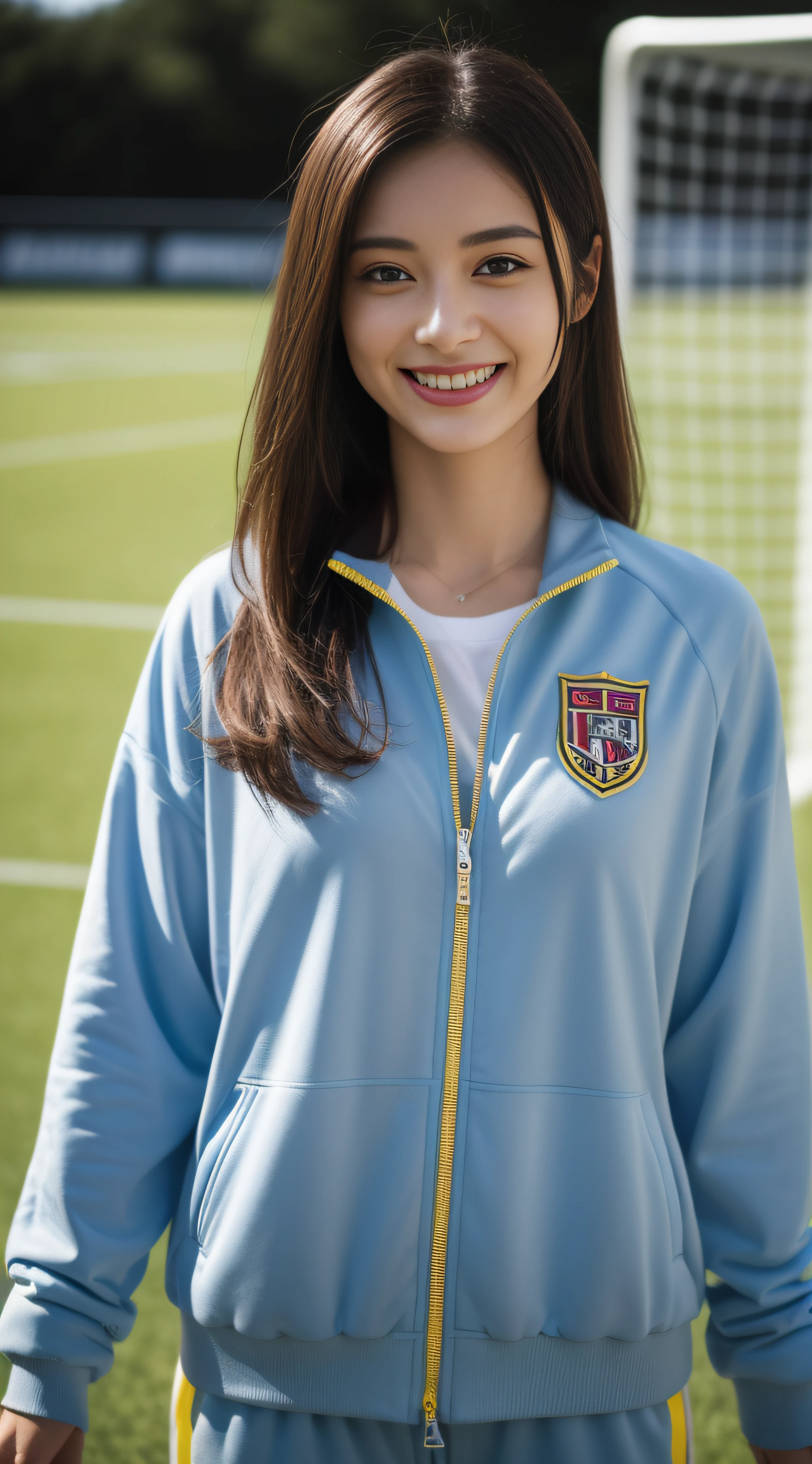 (8K、Raw photography、top-quality、masterpiece:1.2)、(realisitic、realisitic:1.37)、超A high resolution、photon maping、Physically Based Rendering、1girl in、(brunette:1.3)、long legged、A detailed face、A detailed eye、is standing、Look at viewers、(Light Smile Cute:1.2)、(Happiness)、Healing cute、(Soccer Field:1.2)、(early evening:1.2)、sweat pant、Open Sports Jacket、white t-shirts、Twin-tailed
