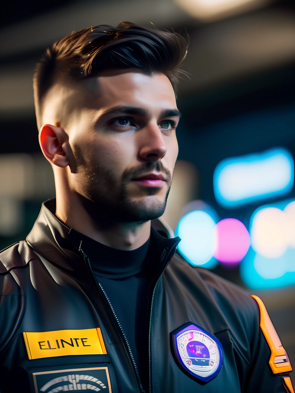 fking_scifi, foto premiada de um homem, Black flight suit with purple details, cabelo loiro, (olhos cinza: 1,35), queixo quadrado, asymmetrical face, parado em frente a uma janela em uma nave espacial, 80 mm, bokeh, efeito de massa , close-up, fking_cinema_v2