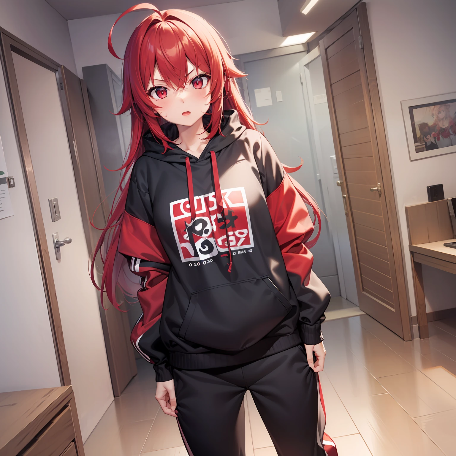 Anime style、女の子1人、full body Esbian、glares、waking up、{hairstyle on:(red hairs)、(Longhaire),(Ahoge),}、red eyes、Long body、Red sweatshirt、Red sweatpants、Front composition、to stand、Background with:Bedroom