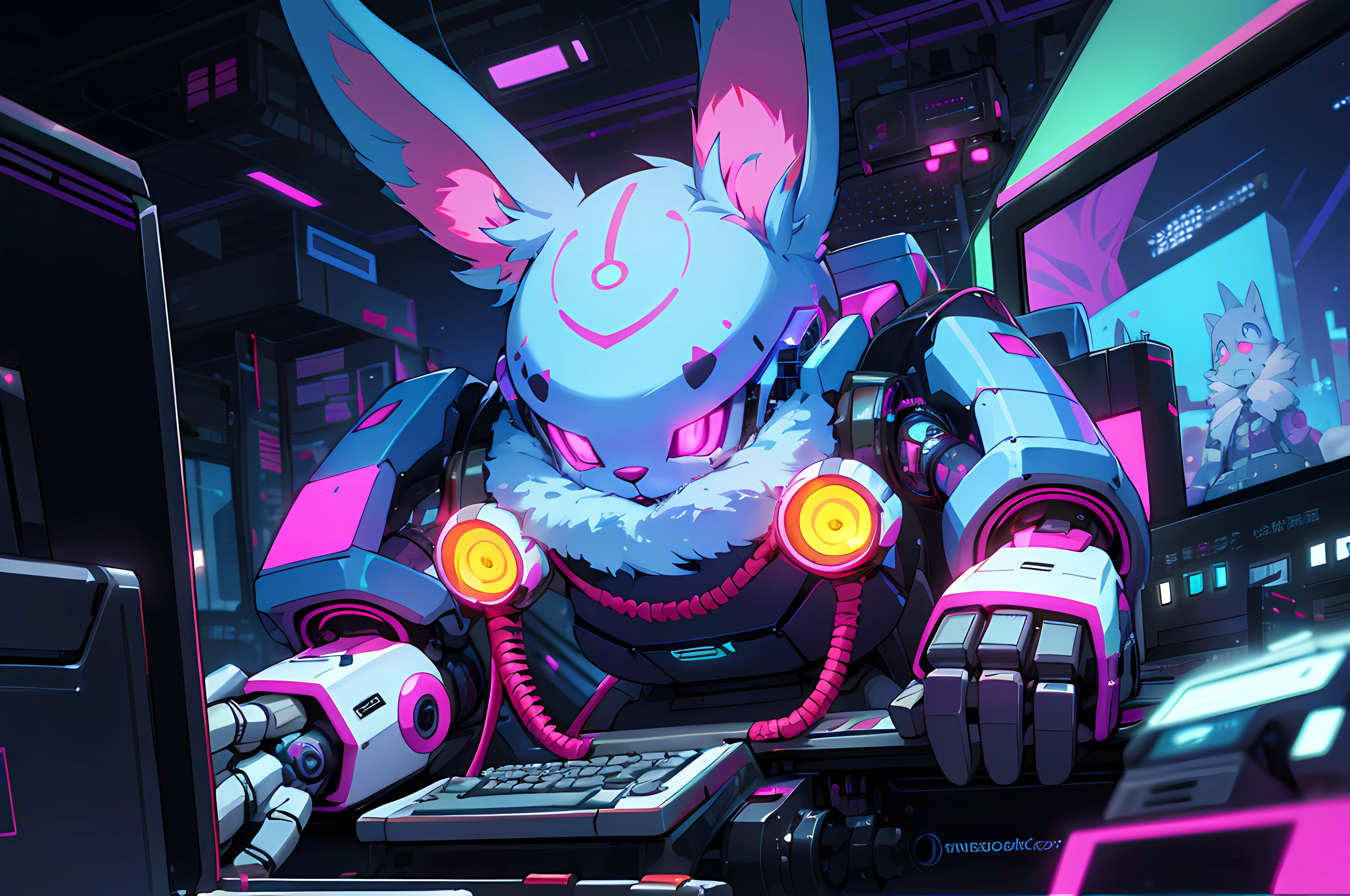 (blame! style abandoned tech landscape), (Zen, Amy Sol style), (((beats to relax/study to))), (((Lofi anthro kemono blue-furred rabbit girl in power armor sitting in metal chair behind computer terminal, behind giant glass terminal screen, beats to relax/study to))), (((blue kemono beastars furry rabbit anime hacker with small soft furry paws))), (((suspended glass cyberpunk computer terminals with robot rabbit in background))), ((glowing cyberdeck screens)), (underground, dark, foggy, perilous, abandoned dystopian apartment bedroom, deep windows), (abstract anthro rabbit figure wearing bunny ears), cover art with light abstraction, abstract, simple vector art, contemporary Cybernetic art, color gradients, soft color palettes, layered forms, whimsical animation, style Ethereal abstract, 4K, --v6