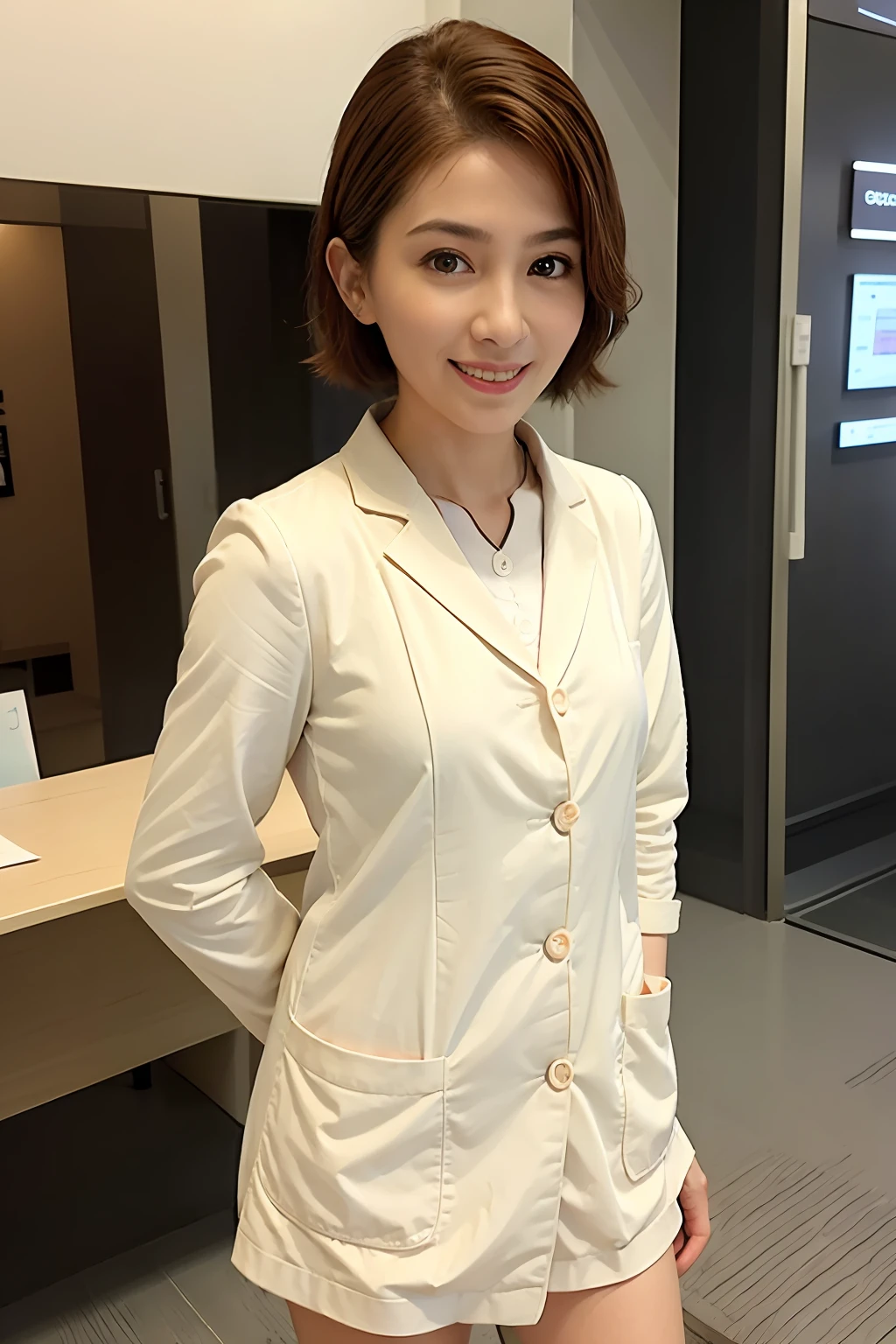 shopping mall, blonde fringe hair, short hair, brown eyes, 1girl, doctor, Stethoscope on neck, smile, innocent, 100mm lens, (photorealistic), look at viewer, as doctor, (intricate details:1.2),(masterpiece, :1.3),(best quality:1.4), (ultra highres:1.2), ultra high res, (detailed eyes), (detailed facial features), HDR, 8k resolution, (Stethoscope), far view, reflections on floor, (lens flare:0.7), turn around