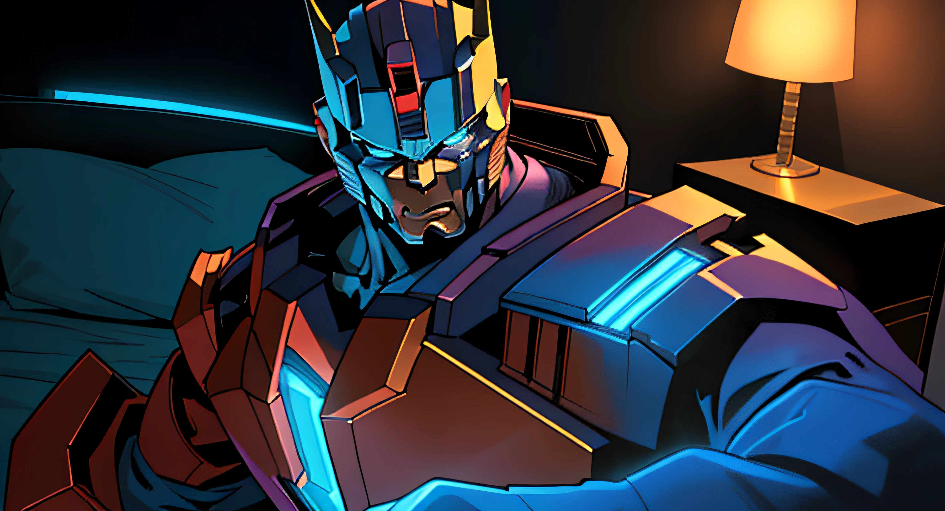 In a stunning transformation, Optimus Prime, the iconic toy, comes to life as a real-life figure illuminated by a captivating glow, set against the backdrop of a bedroom at nighttime in a mesmerizing comic book style.