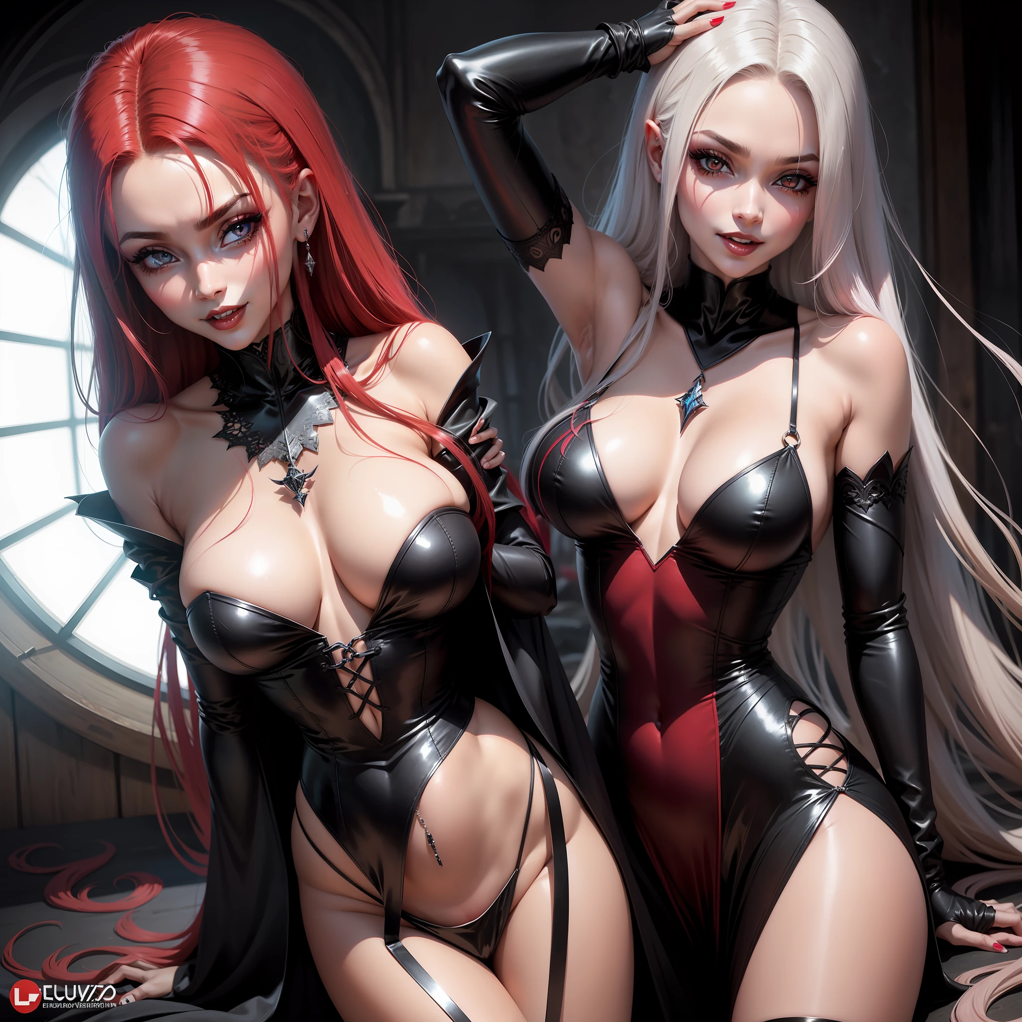 Elfa de olhos e cabelos vermelhos intensos, sorriso de vampiro, extremamente sexy , pele perfeita, cinematic anime, super detalhado, luzes difusas,