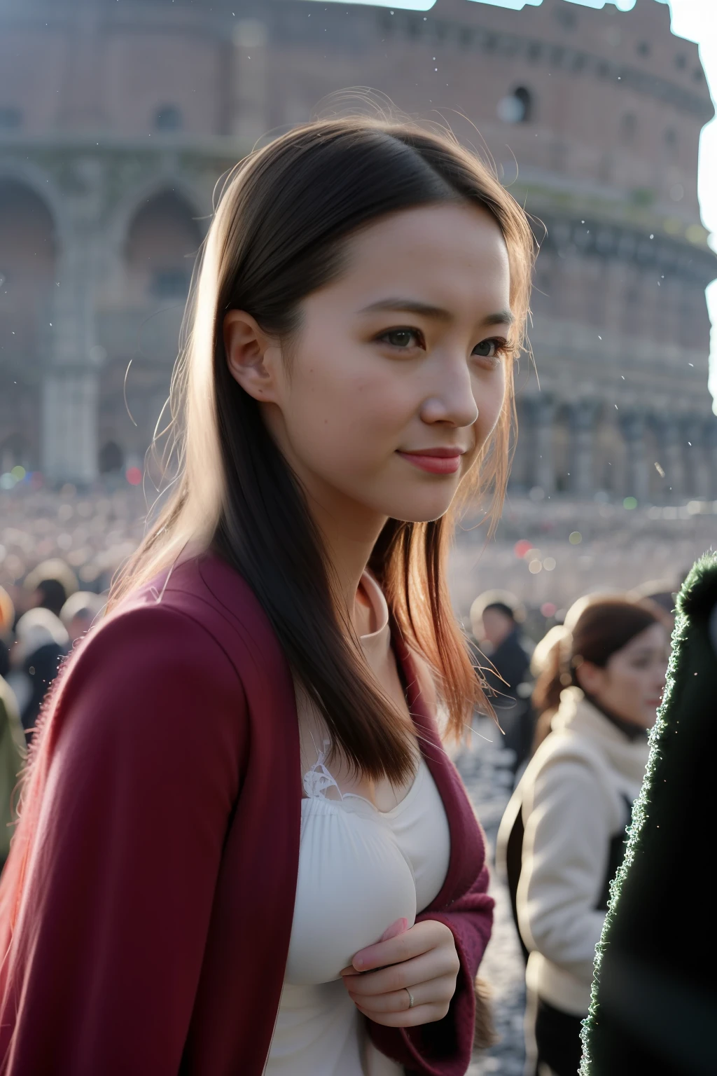 Best quality, 超高分辨率, Detailed face, Realistic face,RAW photo,2girls,duo,navel,(Castel Sant'Angelo in Rome,crowd,winter,Snow),(cheerful big breasts, Energetic, cheerfulness:1.4), Green eyes, Small hairpins for ladybugs, 
(hdr:1.4), Dramatic, the complex background, Cinematic, cinematic ligh, (rootkowski, art  stations:0.8),
insanely details, Intricate details, ultra - detailed, Low contrast, Soft cinematic light, exposure blend, hdr ,