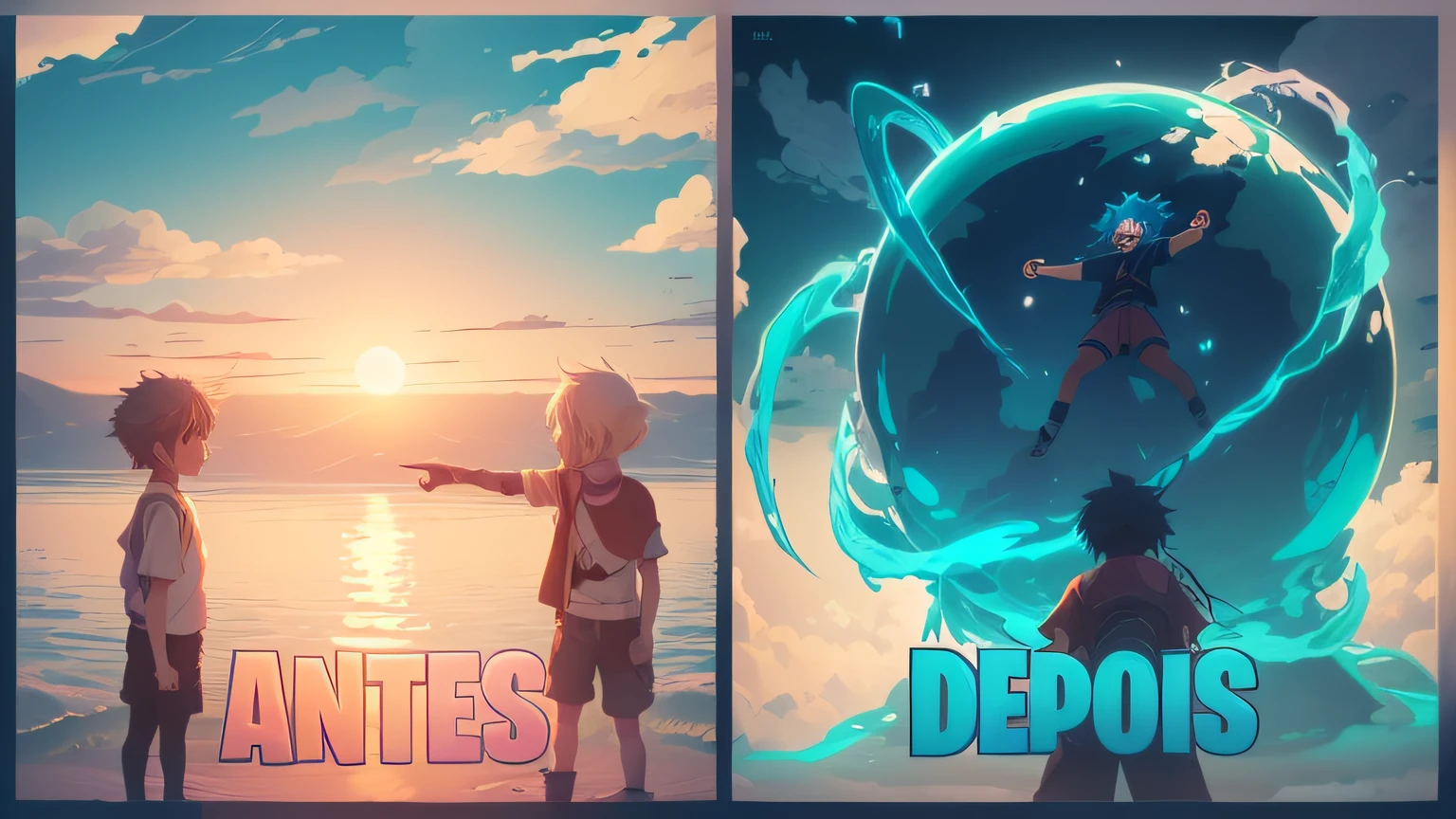 duas fotos de um menino e uma menina em frente a um oceano azul, visuais de anime, Abertura do anime, Anime Voador Esper, cuta anime, Epic anime style, anime estilizado, nuvens de anime, atmospheric anime, estilo de arte de anime, anime estilizado, estilo visual de anime, Otaku Gangasta, vfx anime, Studio Ghibli e Pixar e Abzu