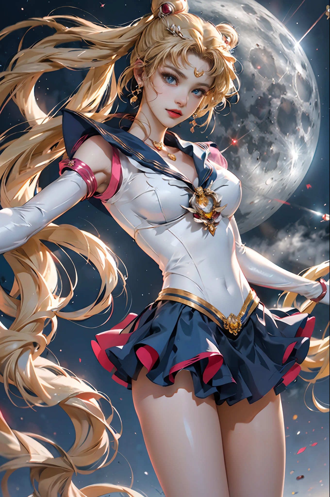 Masterpiece, Full: 1.3, Stand, 8K, 3D, Realistic, Ultra Micro Shooting, Top Quality, Extreme Detail CG Unity 8K Wallpaper, from below, intricate details, (1 female), 18 years old, (Sailor Moon supersailormoon mer1, Tiara, Sailor Senshi Uniform Sailor: 1.2, Sailor Moon: 1.2), Impossibly long bright twin-tailed blonde, thin and very long straight twin-tailed blonde, hair bun, red round hair ornament in a hair bun, Sailor Senshi uniform, (blue collar, blue sailor collar, blue pre-gate mini skirt: 1.3, very large red bow on the chest: 1.3, long white latex gloves: 1.3, red gloves on the elbows, Very large red bow behind the waist: 1.1, cleavage is looking large, golden tiara, earrings), (face details: 1.5, bright blue eyes, beautiful face, beautiful eyes, shiny eyes, thin lips: 1.5, thin and sharp pale eyebrows, long dark eyelashes, double eyelashes), luxurious golden jewelry, thin, thin and muscular, small face, big breasts, perfect proportions, Thin waist, sexy model pose, visible pores, seductive smile, perfect hands: 1.5, high-leg swimsuit, very thin and fit high-gloss white holographic leather, octane rendering, very dramatic image, strong natural light, sunlight, exquisite lighting and shadow, dynamic angle, DSLR, sharp focus: 1.0, Maximum clarity and sharpness, (space background, moonlight, moon, dynamic background, detailed background)