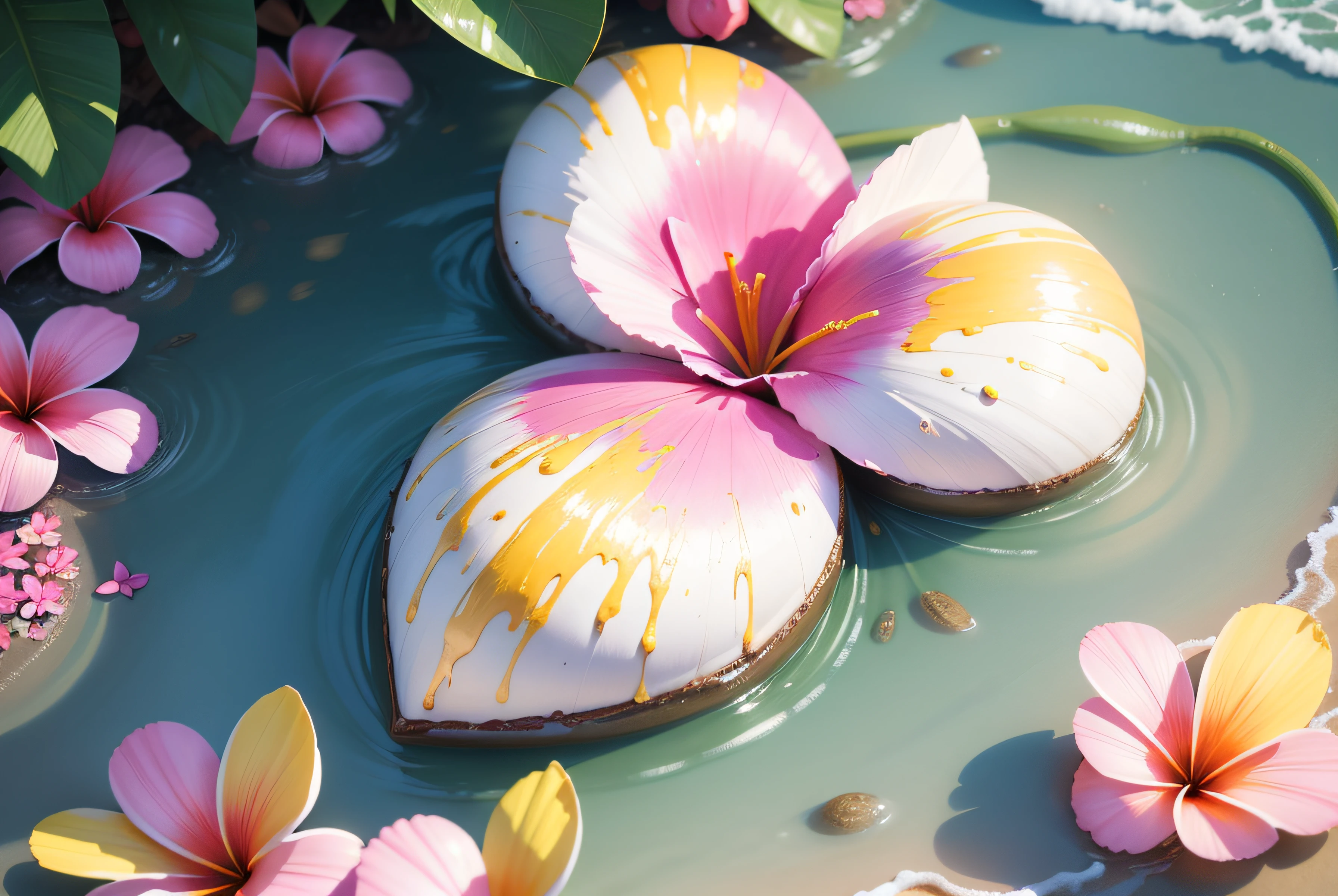 Close-up of a heart made of flowers on the beach, heart made of flowers, Plumeria, tropical flowers, beautiful tropical flowers, blooming tropical flowers, made of flowers and leaves, made of flowers and fruit, made of flowers, Flower petals, with colored flowers, pink yellow flowers, tropical style, made of fruit and flowers, beautiful aesthetic, Beautiful composition,super high-quality model,dripping paint,oil painted,Abstract beauty,Heavy strokes