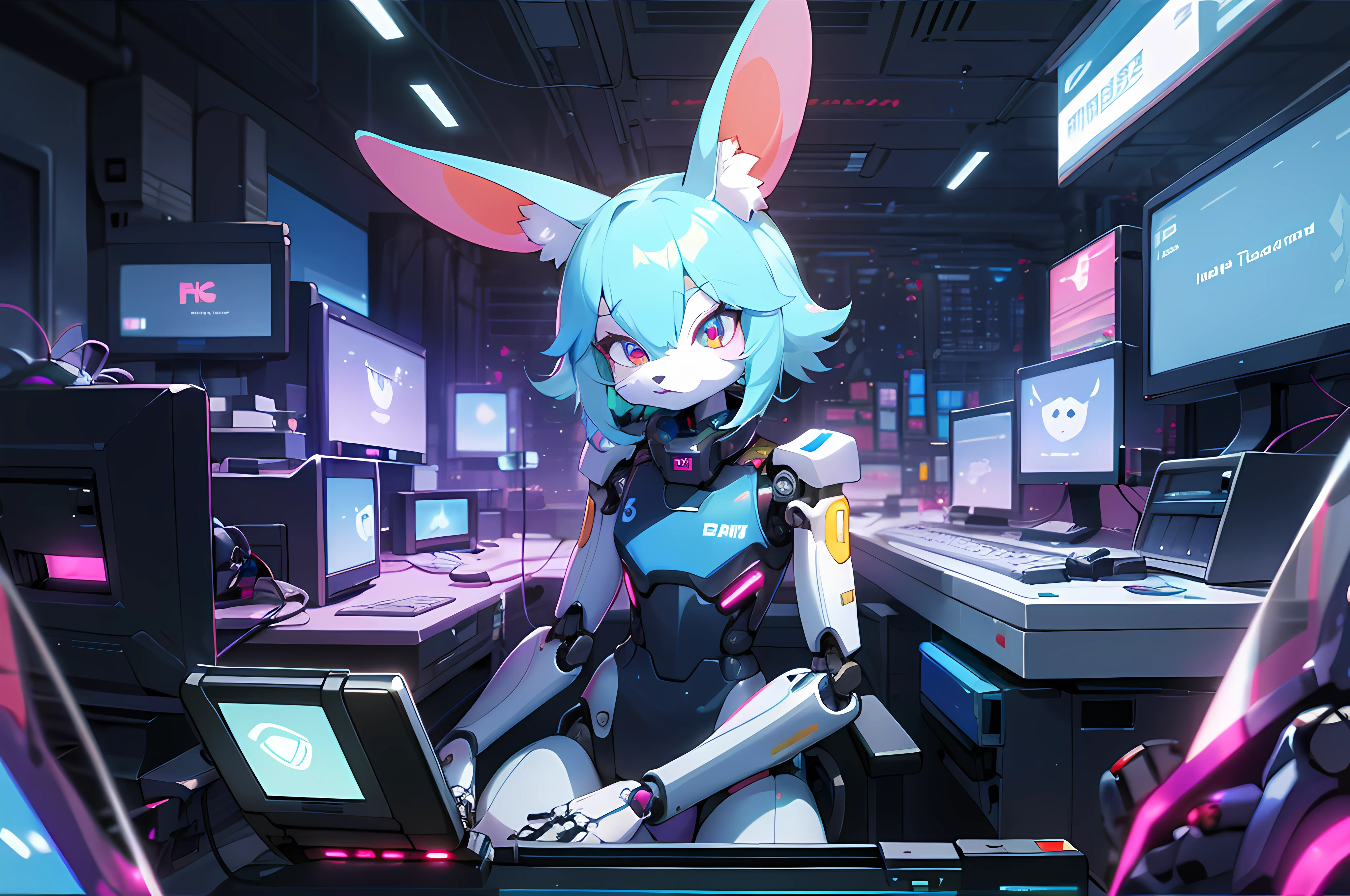 (blame! style abandoned tech landscape), (Zen, Amy Sol style), (((beats to relax/study to))), (((Lofi anthro kemono blue-furred rabbit girl in power armor sitting in metal chair behind computer terminal, behind giant glass terminal screen, beats to relax/study to))), (((blue kemono beastars furry rabbit anime hacker with small soft furry paws))), (((suspended glass cyberpunk computer terminals with robot rabbit in background))), ((glowing cyberdeck screens)), (underground, dark, foggy, perilous, abandoned dystopian apartment bedroom, deep windows), (abstract anthro rabbit figure wearing bunny ears), cover art with light abstraction, abstract, simple vector art, contemporary Cybernetic art, color gradients, soft color palettes, layered forms, whimsical animation, style Ethereal abstract, 4K, --v6