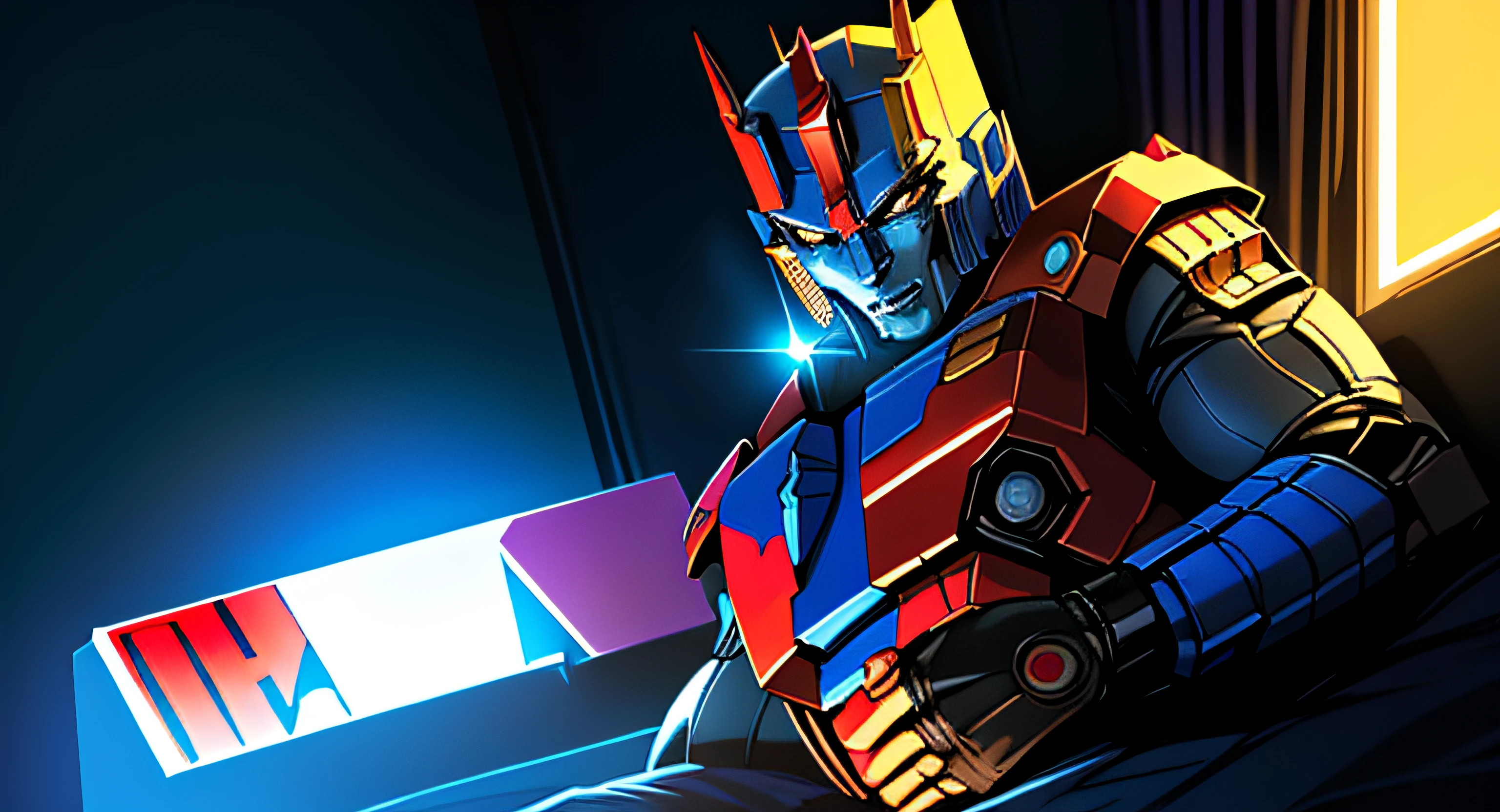 In a stunning transformation, Optimus Prime, the iconic toy, comes to life as a real-life figure illuminated by a captivating glow, set against the backdrop of a bedroom at nighttime in a mesmerizing comic book style.