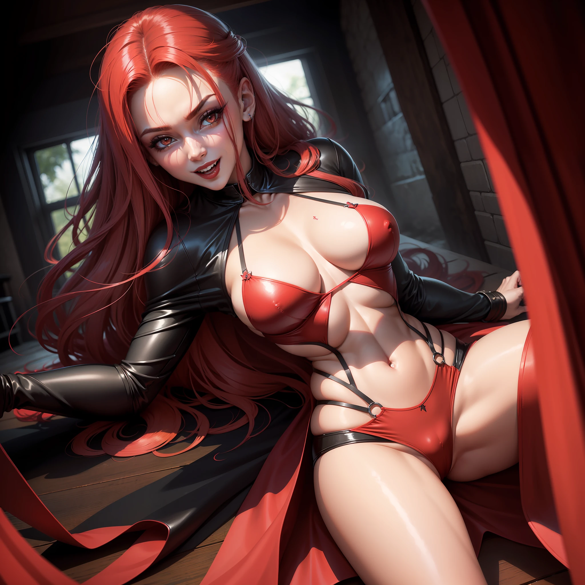 Elfa de olhos e cabelos vermelhos intensos, sorriso de vampiro, extremamente sexy , pele perfeita, cinematic anime, super detalhado, luzes difusas,