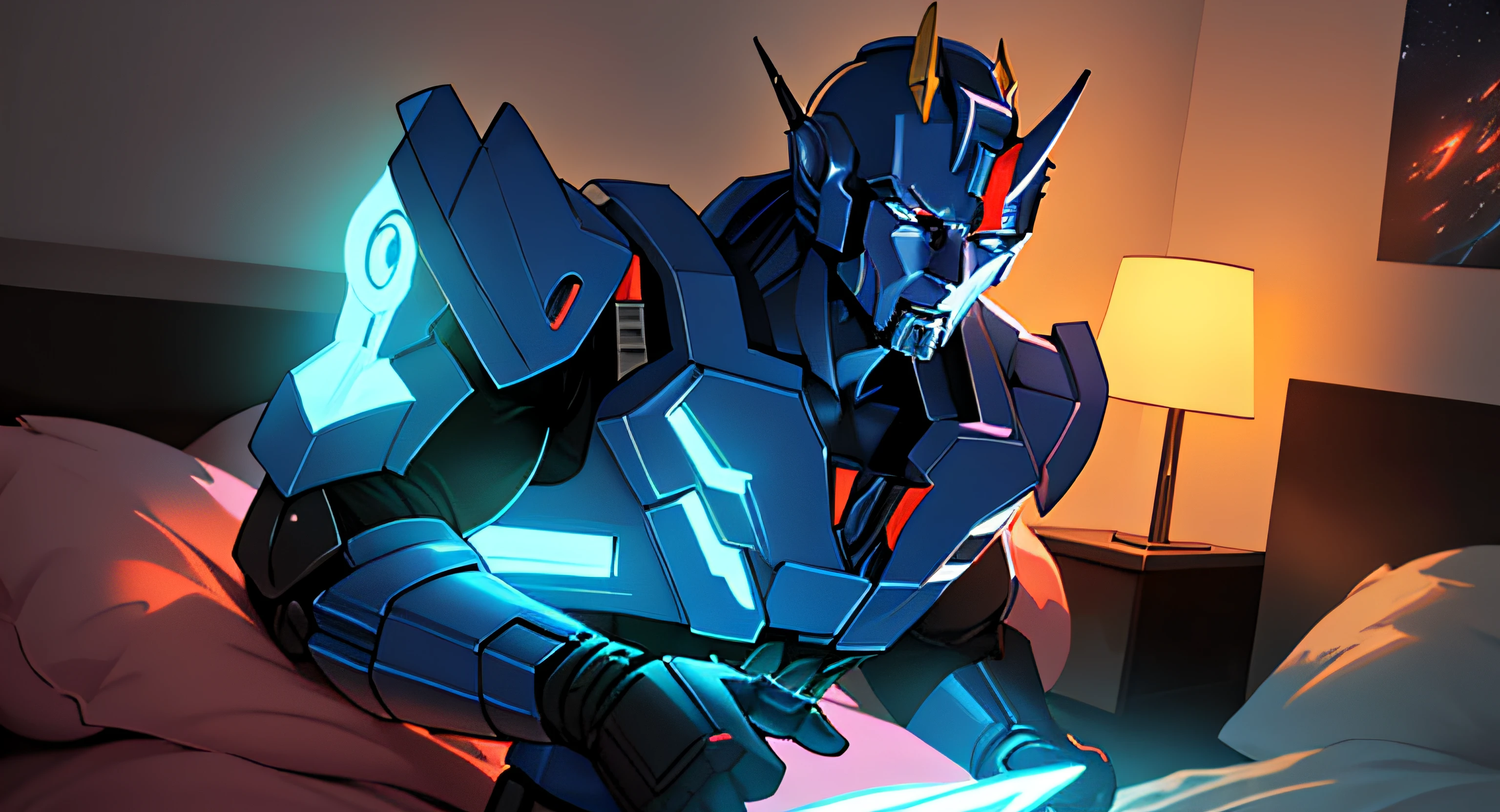 At night, in a bedroom illuminated by a soft glow, a real-life transformation unfolds as an Optimus Prime toy transitions into its life-sized counterpart, emanating a captivating radiance in the mesmerizing style of a comics image.