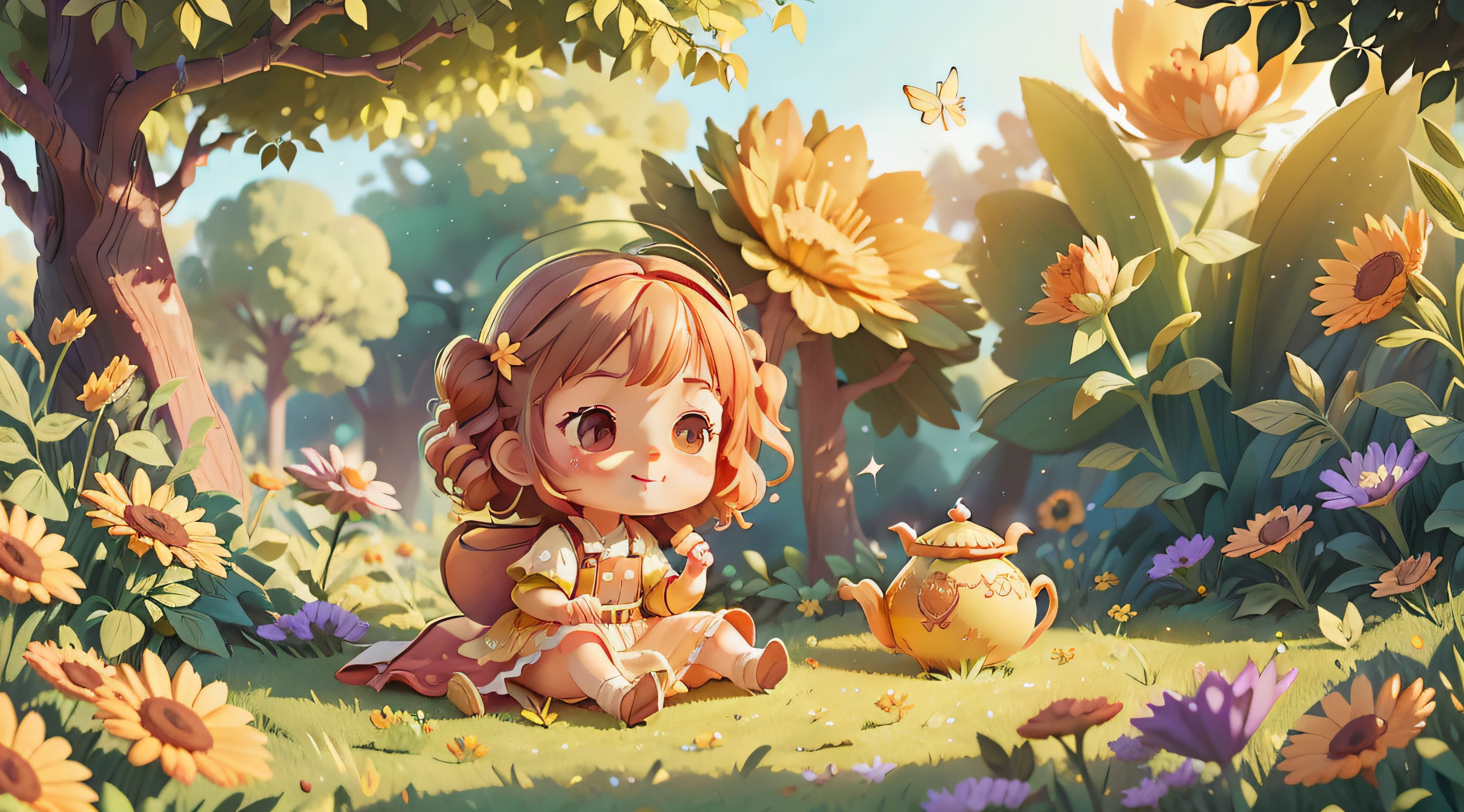 A whimsical, endearing fairy tale, A  girl with twinkling eyes and golden curls skips through a sunlit meadow, surrounded by a myriad of vibrant wildflowers, their sweet scent filling the air. Butterflies flutter around her, as if drawn to her innocent charm. In the distance, a majestic castle stands atop a lush hill, shrouded in a warm, golden haze. The mood is enchanting and nostalgic, evoking a sense of wonder and joy. The atmosphere is magical and inviting, with a touch of childlike innocence. The meadow feels alive, buzzing with the harmony of nature and the girl's laughter. Her happiness is infectious. Light filters through the foliage, creating dappled patterns on the ground. The warm sunlight bathes everything in a golden glow, enhancing the dreamlike atmosphere. As the day progresses, the sunlight mellows into a soft, amber hue, adding a touch of tranquility to the scene. Shadows stretch long and embrace the girl, hinting at the passage of time. --ar 2:3 --c 10 --s 500 --q 2,
