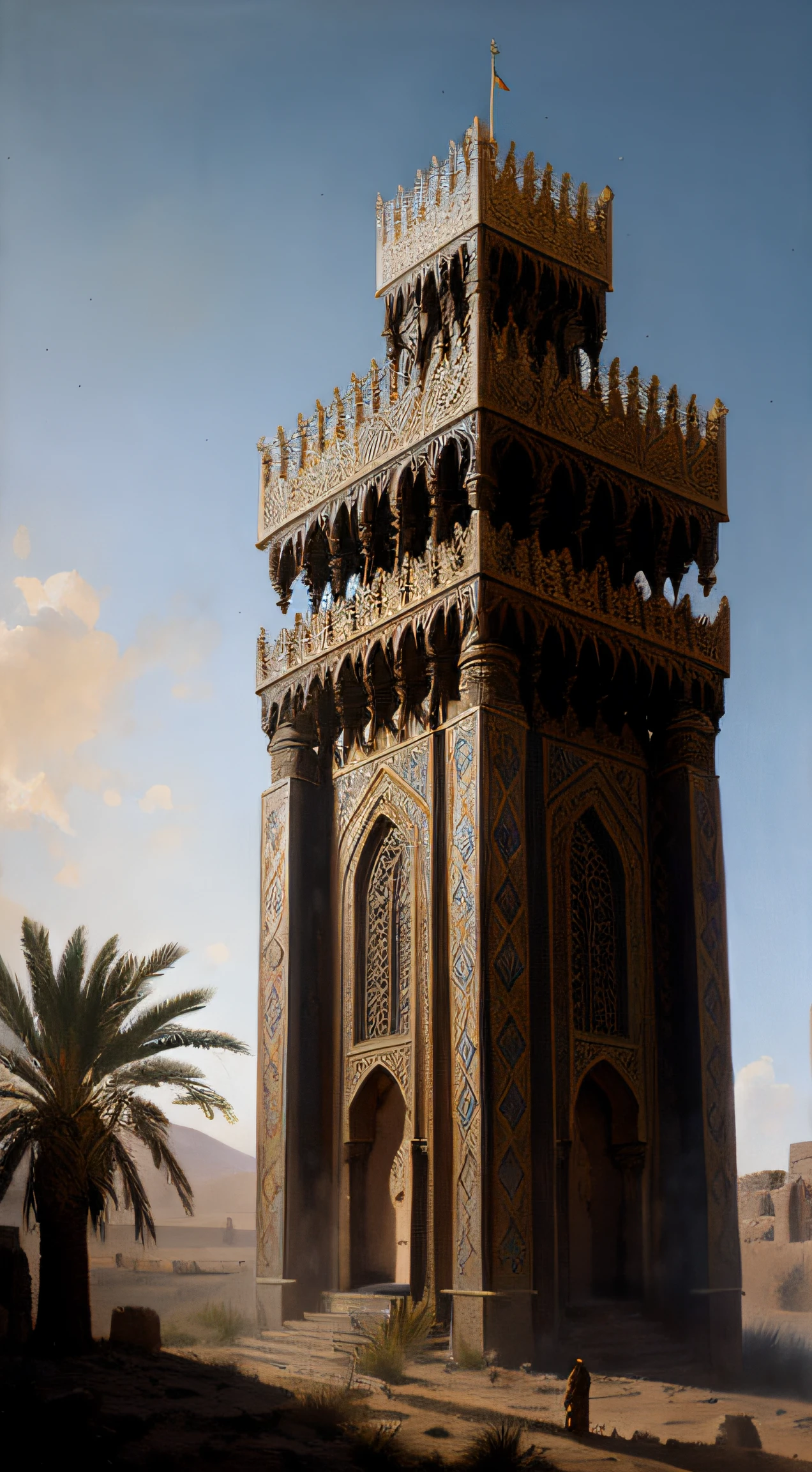 close up depiction of a medieval fantasy north african traditional royal tower, exterior, rich, elaborate, (backlighting), realistic, masterpiece, highest quality, lens flare, shade, bloom, [[chromatic aberration]], by Jeremy Lipking, by Antonio J. Manzanedo, digital painting