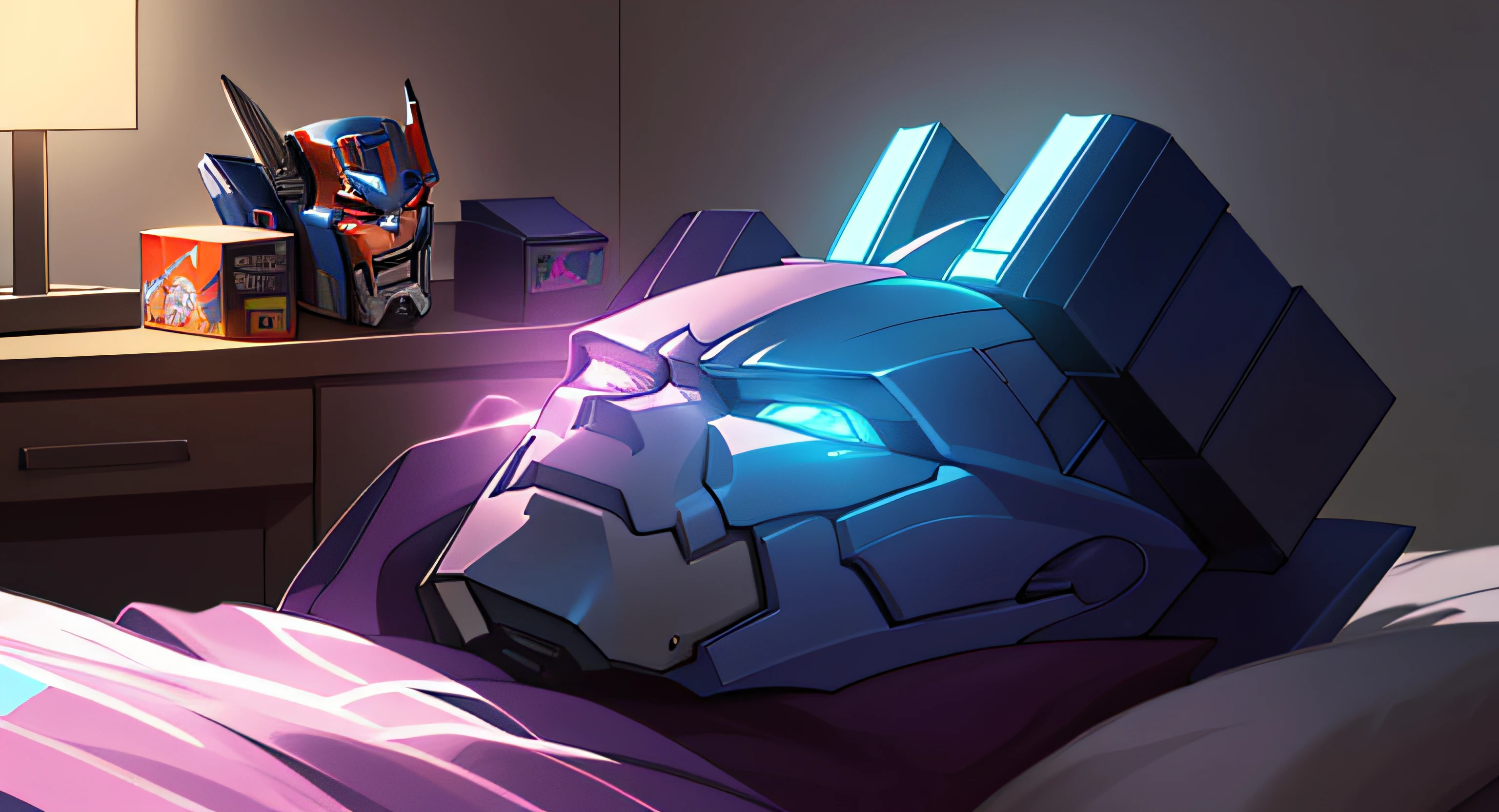 At night, in a bedroom illuminated by a soft glow, a real-life transformation unfolds as an Optimus Prime toy transitions into its life-sized counterpart, emanating a captivating radiance in the mesmerizing style of a comics image.