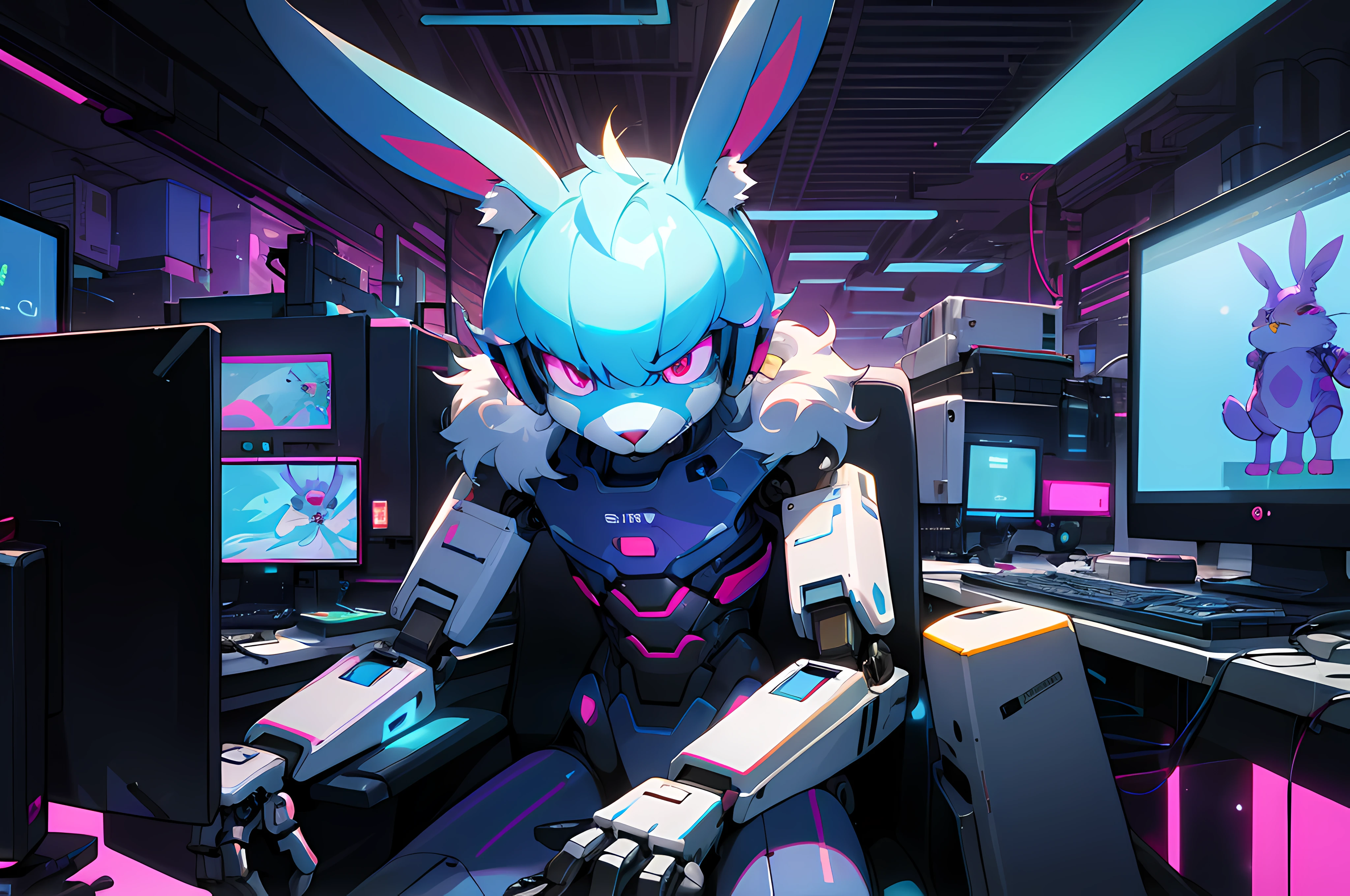(blame! style abandoned tech landscape), (Zen, Amy Sol style), (((beats to relax/study to))), (((Lofi anthro kemono blue-furred rabbit girl in power armor sitting in metal chair behind computer terminal, behind giant glass terminal screen, beats to relax/study to))), (((blue kemono beastars furry rabbit anime hacker with small soft furry paws))), (((suspended glass cyberpunk computer terminals with robot rabbit in background))), ((glowing cyberdeck screens)), (underground, dark, foggy, perilous, abandoned dystopian apartment bedroom, deep windows), (abstract anthro rabbit figure wearing bunny ears), cover art with light abstraction, abstract, simple vector art, contemporary Cybernetic art, color gradients, soft color palettes, layered forms, whimsical animation, style Ethereal abstract, 4K, --v6
