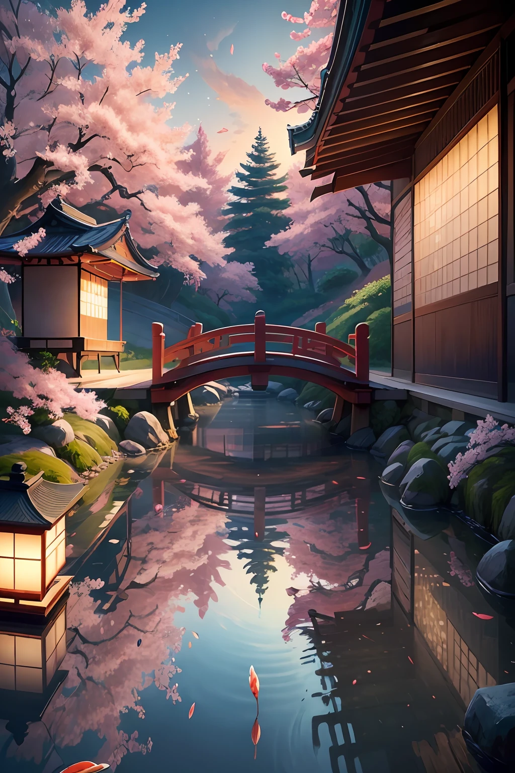 (digital painting),(best quality), serene Japanese garden, cherry blossoms in full bloom, koi pond, footbridge, pagoda, Ukiyo-e art style, Hokusai inspiration, Deviant Art popular, 8k ultra-realistic, pastel color scheme, soft lighting, golden hour, tranquil atmosphere, landscape orientation --auto