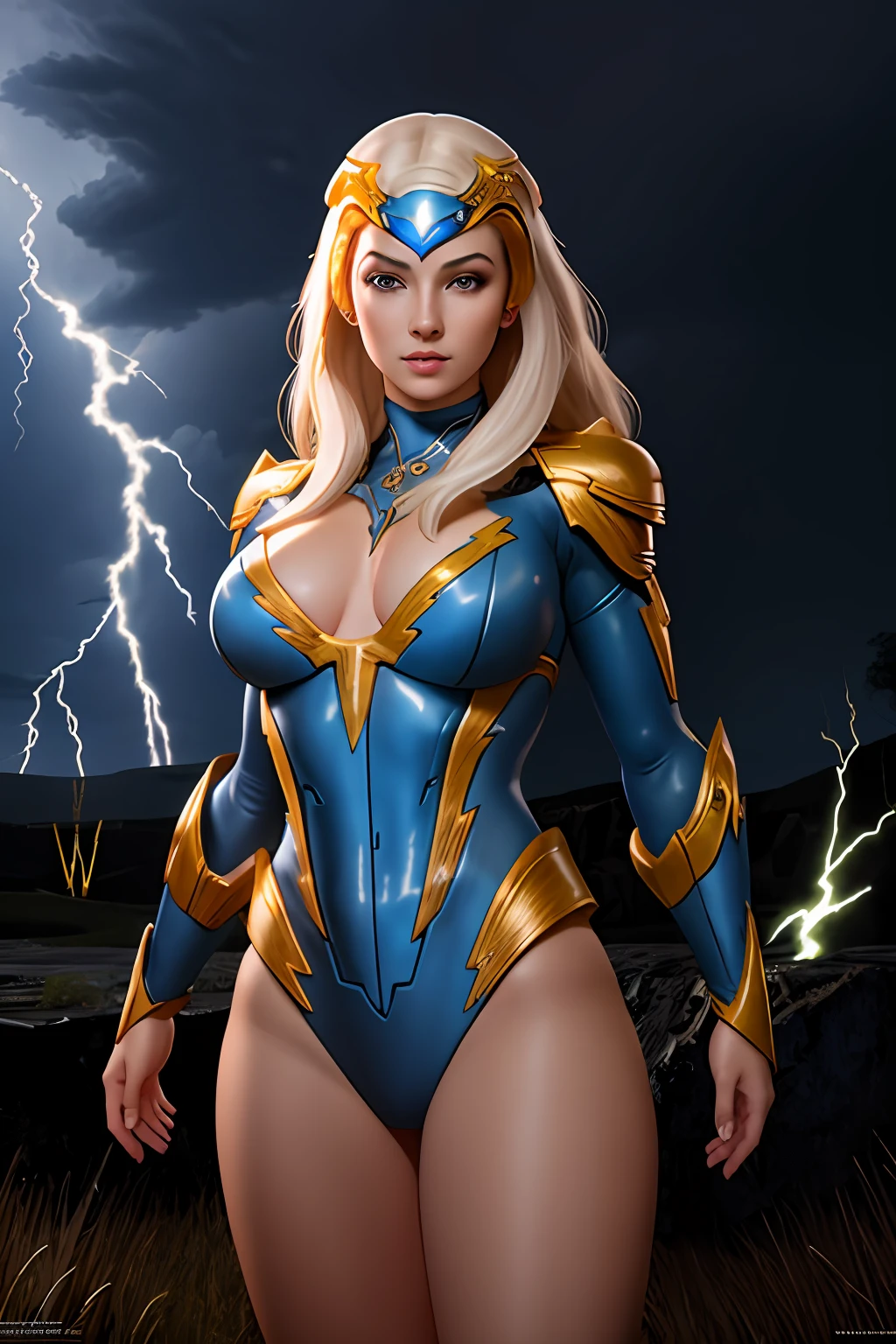 ((1girl)), full body, motu_sorceress, gorgeous woman, realistic, (extremely detailed 8k wallpaper), masterpiece, best quality, good hands, perfect hands, ((intricate detail)), absurdres, ((perfect face)), (soft smile:1.3), dynamic angle, dynamic pose, ((lightning storm setting:1.2)), outdoors,