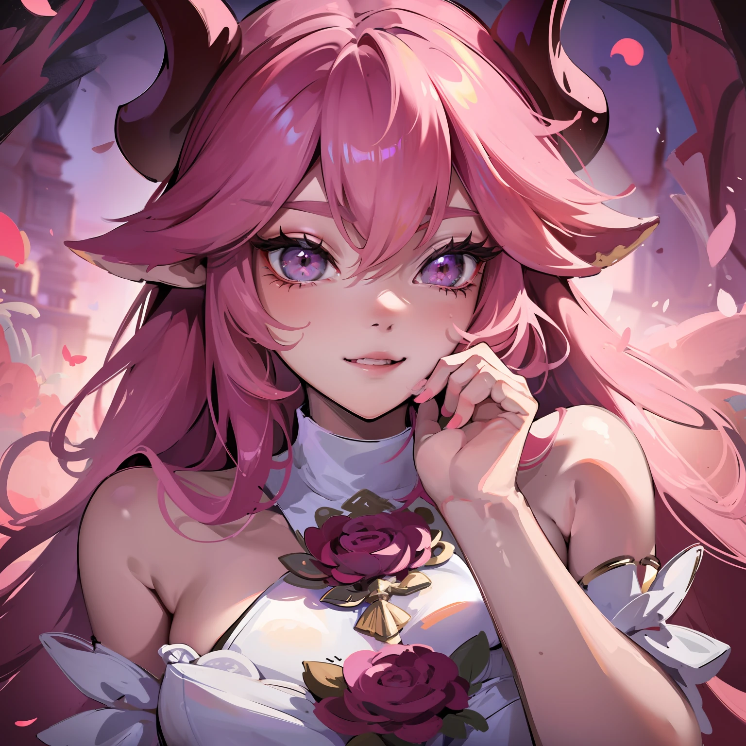 A female milf demon with demonic horns in the same light skin tone wearing a wet wedding dress, (skin tone demonic horns)), cabelo de rapunzel cor-de-rosa extremamente longo, ((Cabelo de rapunzel cor-de-rosa)), corpo volumoso com seios e busto enormes, ((seio e busto enormes)), sorriso malicioso olhando para os espectadores ;, destaque no corpo, Pose sexy, Pose sexualizada ;, Moda realista, sysie high definition details, fotografia, perspicacity, unique 850 4, Koda850 k portrait camera, Primavera F1.6, cores ricas, Textura super realista, textura de luz espetacular, arte surreal, Cinestil 800 mecanismo de moda.