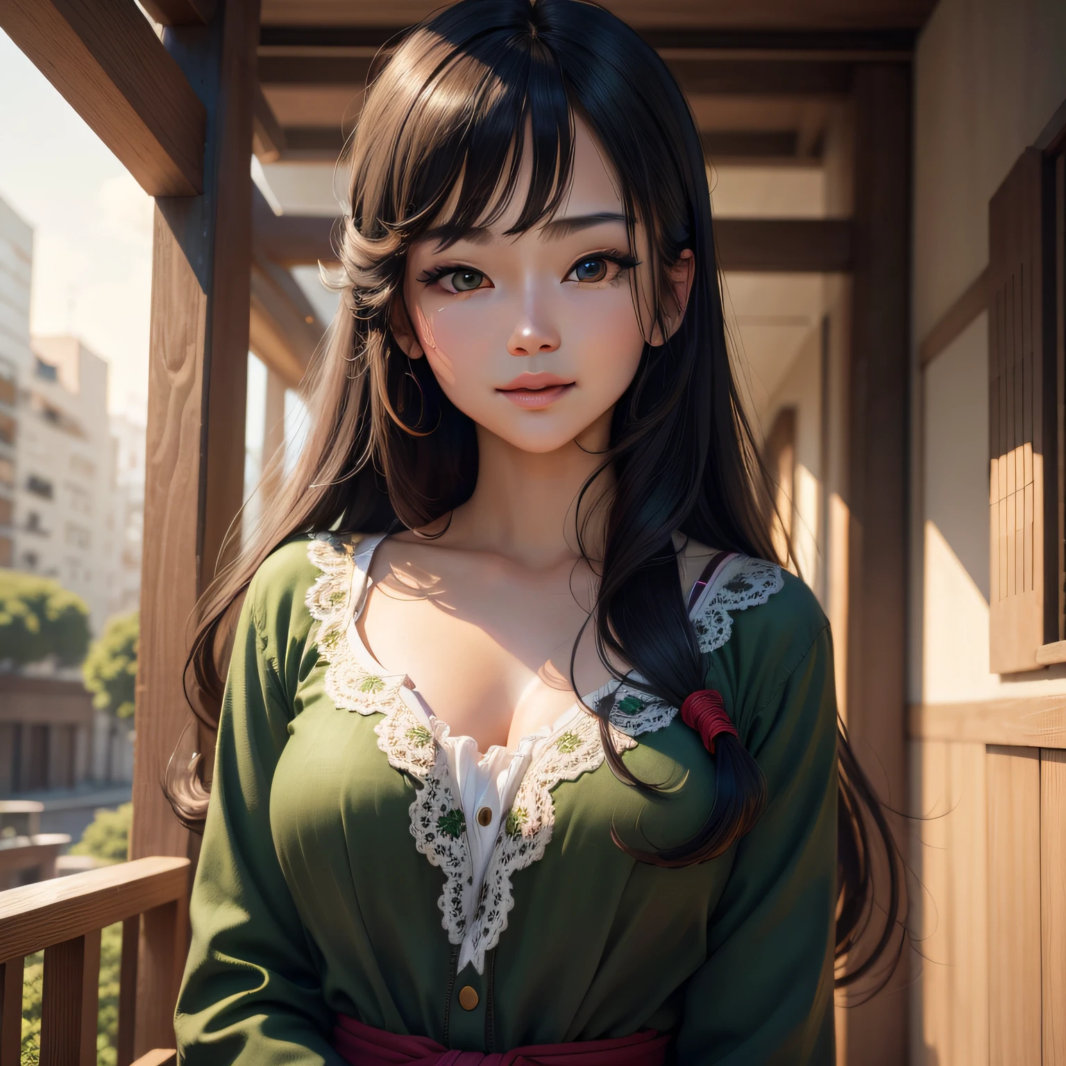 masterpiece, best picture quality, high quality, beautiful girl, Japanese, Japanese school girl, popular Korean makeup, detailed, swollen eyes, detailed eyes, detailed skin, beautiful skin, ultra high resolution, (reality: 1.4), very beautiful, slightly younger face, beautiful skin, slender, (ultra realistic), (illustration), (high resolution), (8K), (highly detailed), (best illustration), (beautifully detailed eyes), (super detailed), (wallpaper), (detailed face), looking at viewer, fine details, detailed face, pureerosfaceace_v1, smiling, looking straight ahead, looking straight ahead, angle from waist up, realistic photo, bright lighting, professional lighting, black hair (some green), long hair, dark ruins, big red moon, gorgeous red and black dress, mature woman, long stylish bangs,