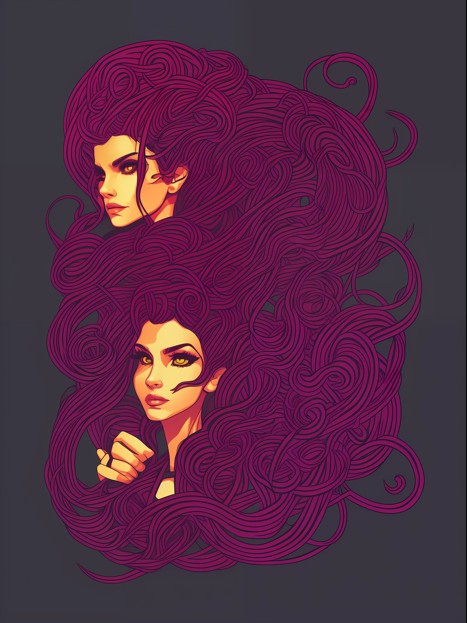 snake hair medusa, t-shirt art cyberpunk, vector, 2D illustration, dark background, very color ful gradient, centered, front view, hyperdetalied