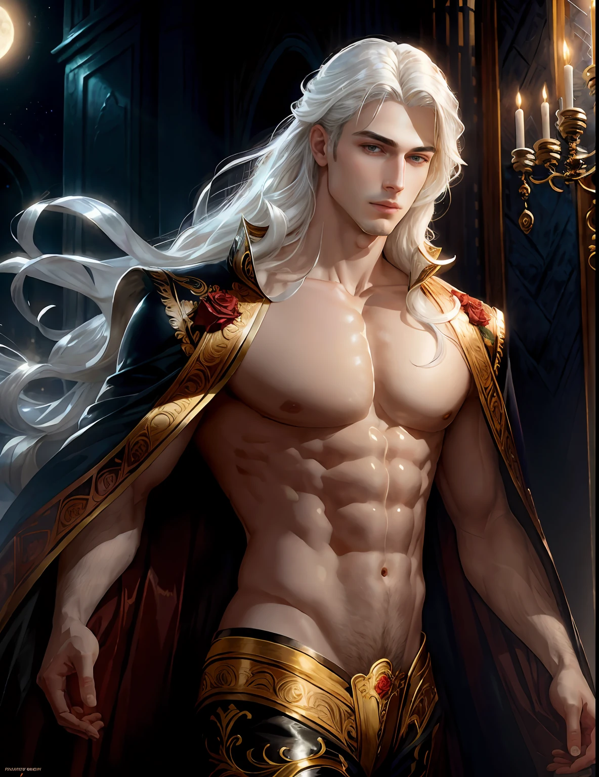 masterpiece, highest quality, (solo focus), (perfect face:1.1), (high detail:1.1),dramatic, 1guy, (pale skin), long white hair, white eyes, [light eyebrows], solo, long hair, moon, night, white luxury suit, covered navel, pouty lips, (beauty marks),  palace, detailed background, art by artgerm and greg rutkowski,  cinematic lighting, roses, suggestive