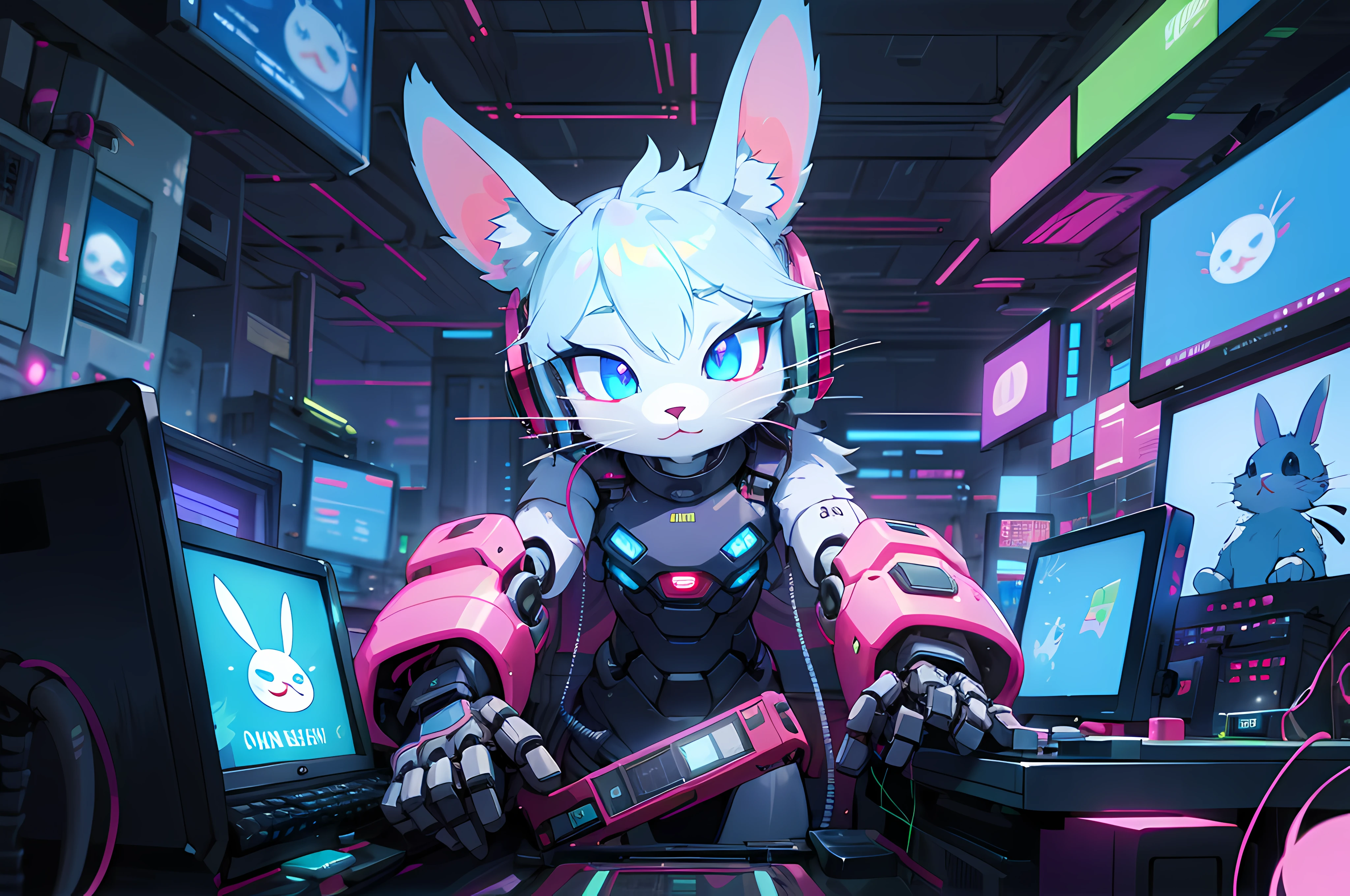 (blame! style abandoned tech landscape), (Zen, Amy Sol style), (((beats to relax/study to))), (((Lofi anthro kemono blue-furred rabbit girl in power armor sitting in metal chair behind computer terminal, behind giant glass terminal screen, beats to relax/study to))), (((blue kemono beastars furry rabbit anime hacker with small soft furry paws))), (((suspended glass cyberpunk computer terminals with robot rabbit in background))), ((glowing cyberdeck screens)), (underground, dark, foggy, perilous, abandoned dystopian apartment bedroom, deep windows), (abstract anthro rabbit figure wearing bunny ears), cover art with light abstraction, abstract, simple vector art, contemporary Cybernetic art, color gradients, soft color palettes, layered forms, whimsical animation, style Ethereal abstract, 4K, --v6